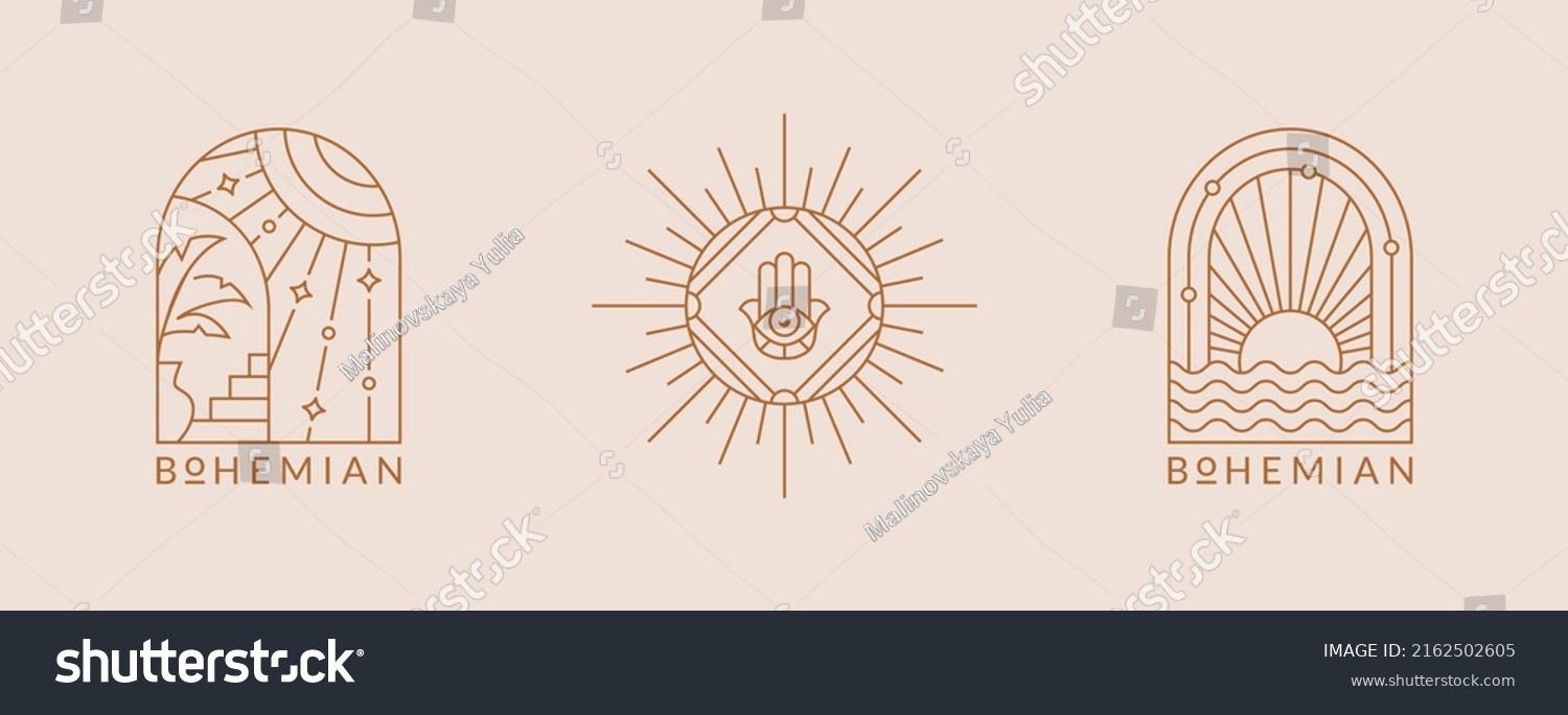 Boho logos. Vector isolated emblems with sun. Elegant line design for esoteric, spiritual therapy practices, travel agencies, outdoor resort, spa hotels, glamping, etc. Trendy bohemian aesthetic. #2162502605