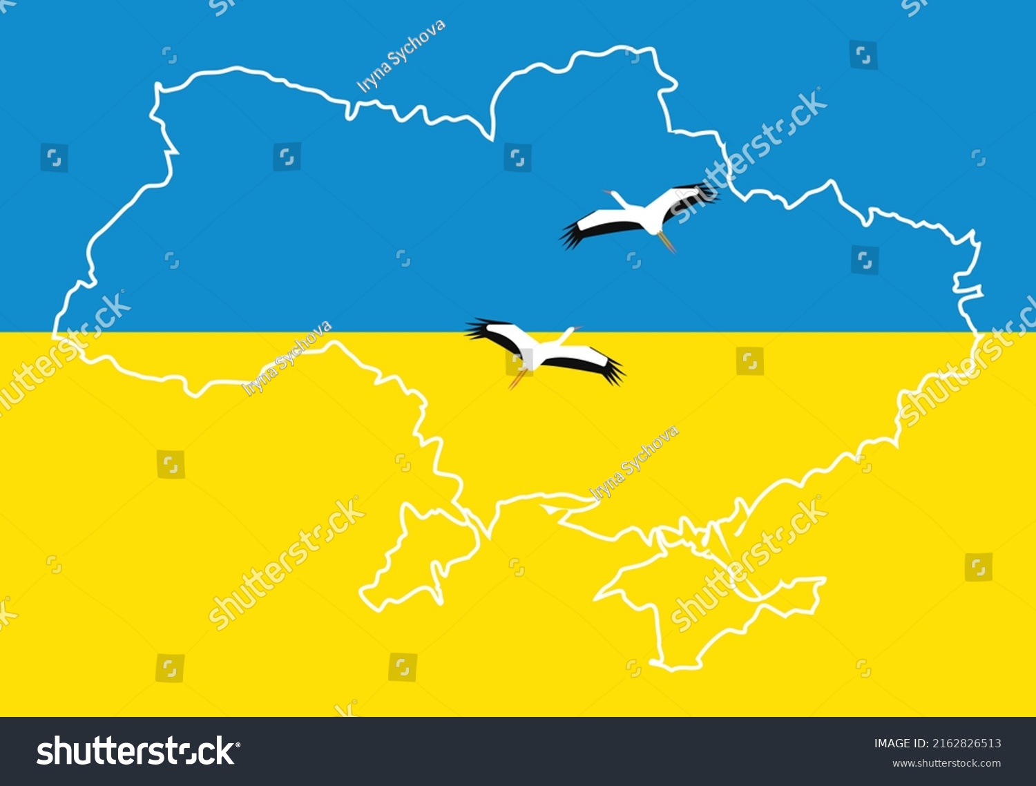 White Outline Map Of Ukraine And Two Storks - Royalty Free Stock Vector 