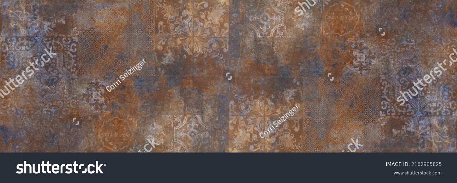 Old brown gray rusty vintage worn geometric shabby mosaic ornate patchwork motif porcelain stoneware tiles stone concrete cement wall texture background banner panorama #2162905825