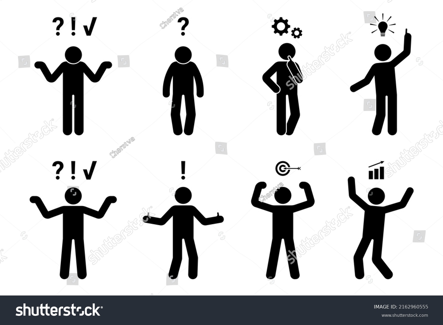 Stick figure man problem solution concept vector illustration set. Creative idea insight icon silhouette pictogram #2162960555