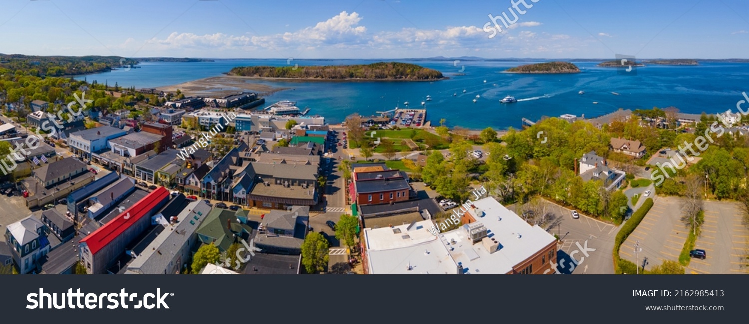 Bar Harbor historic town center on Main Street and Bar Island in Frenchman Bay aerial view, Bar Harbor, Maine ME, USA.  #2162985413