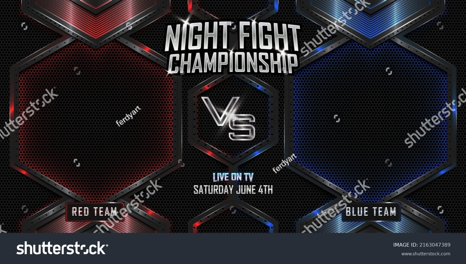 Night fight championship battle realistic horizontal sport 3d banner with modern metallic logo #2163047389