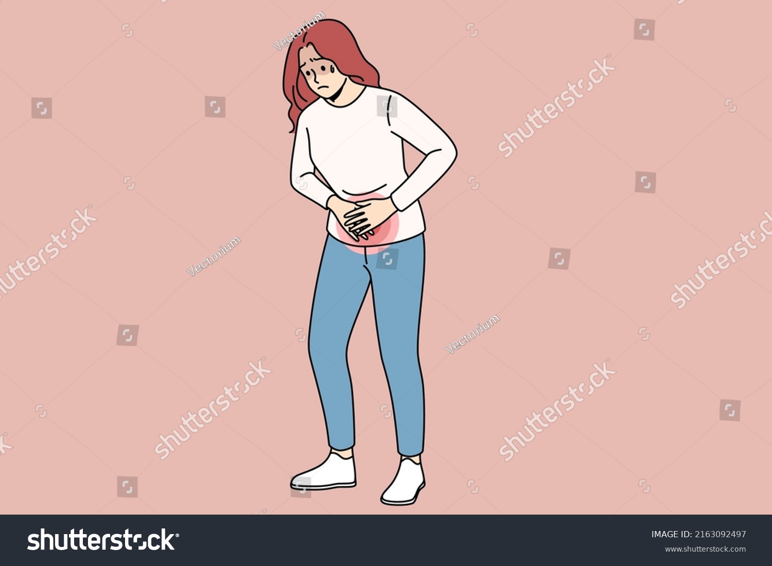 Unhealthy woman hold abdomen suffer from pms. Unwell girl struggle with periods pain. Female have stomachache. Healthcare and medicine concept. Vector illustration.  #2163092497
