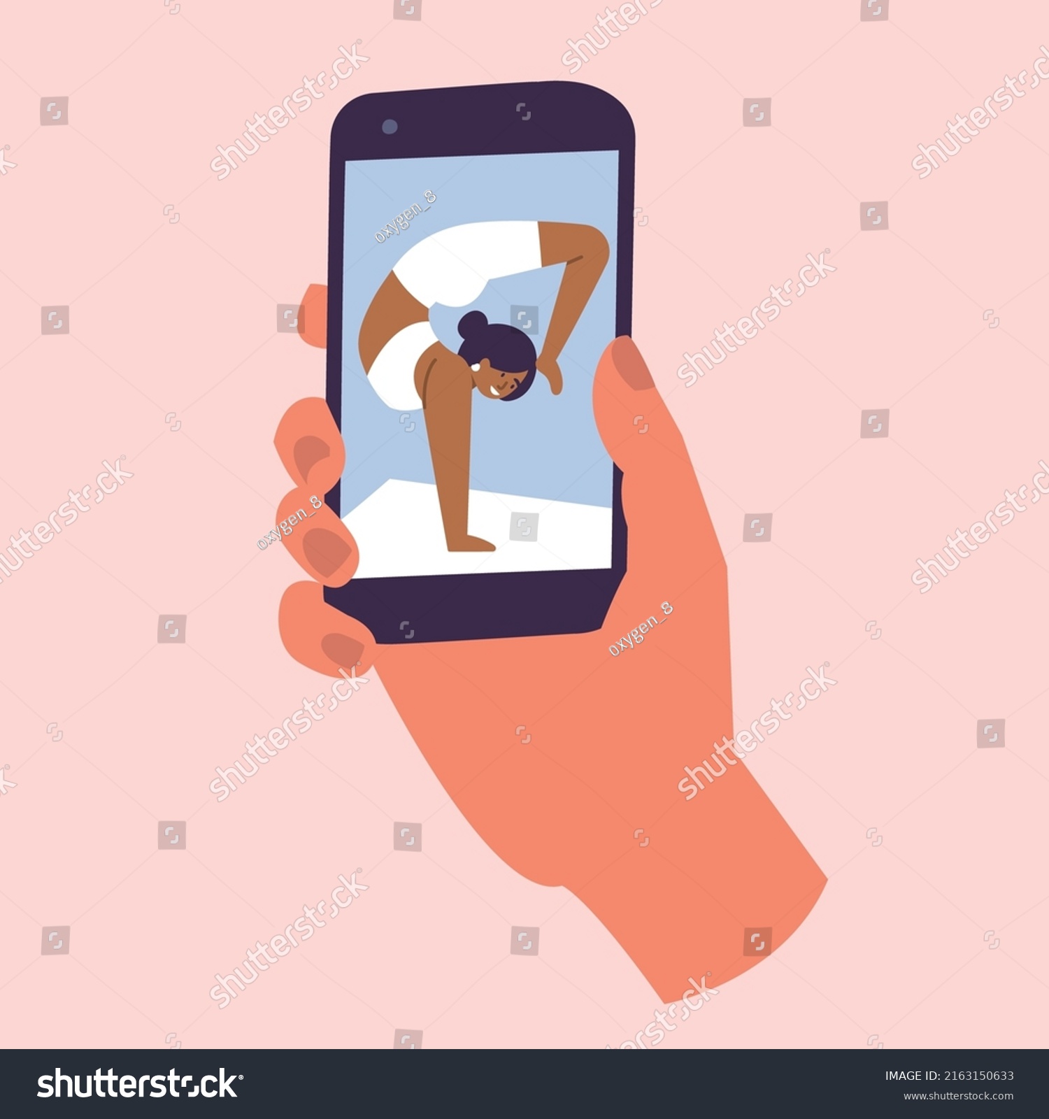 Vector Illustrations hand holding phone with opening app for yoga exercises. Yoga courses online #2163150633