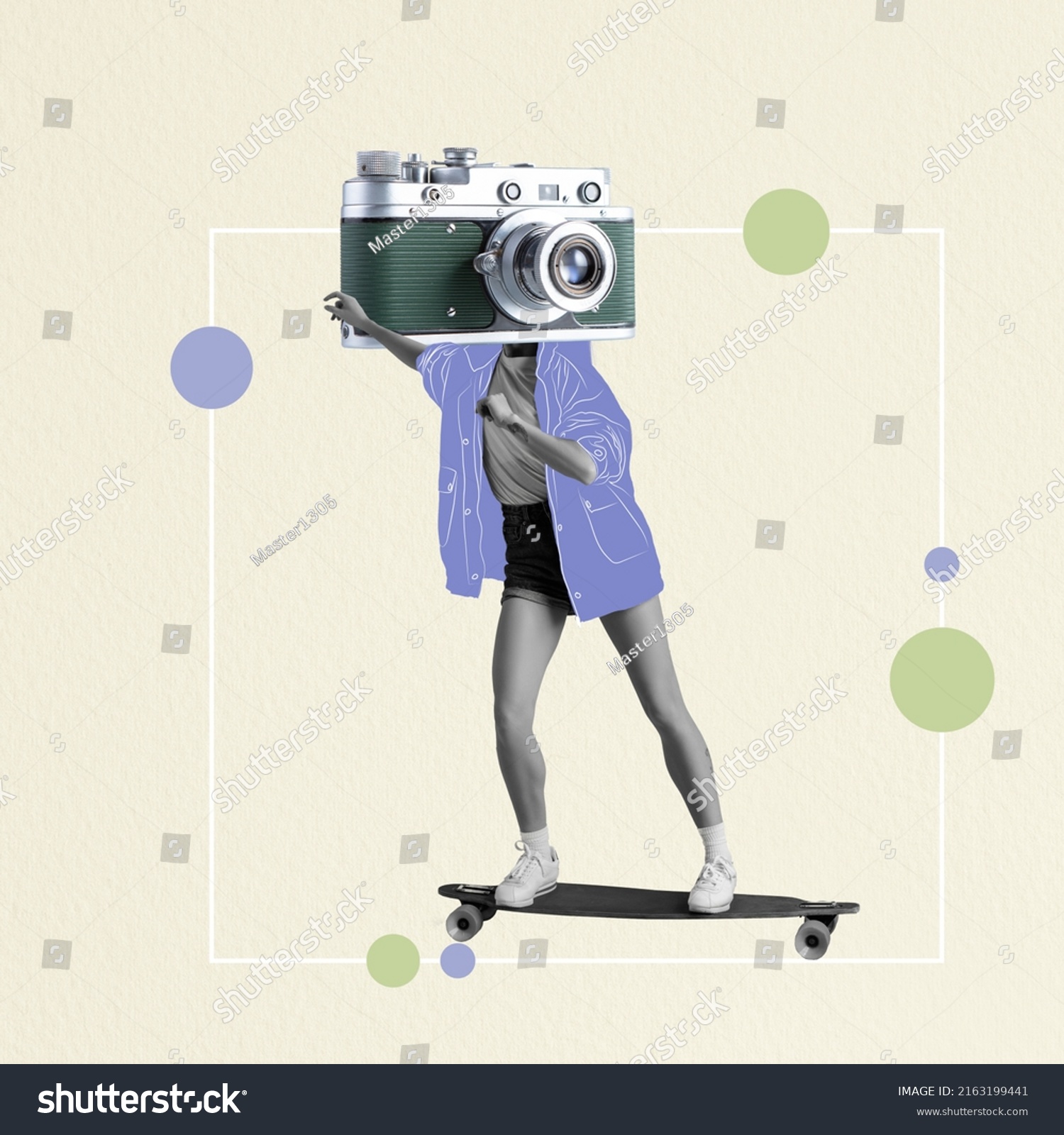 Contemporary art collage. Stylish young girl with retro camera head moving on skate. Reaching goals. Vintage style. Concept of surrealism, creativity, inspiration. Modern artwork. Youth culture #2163199441