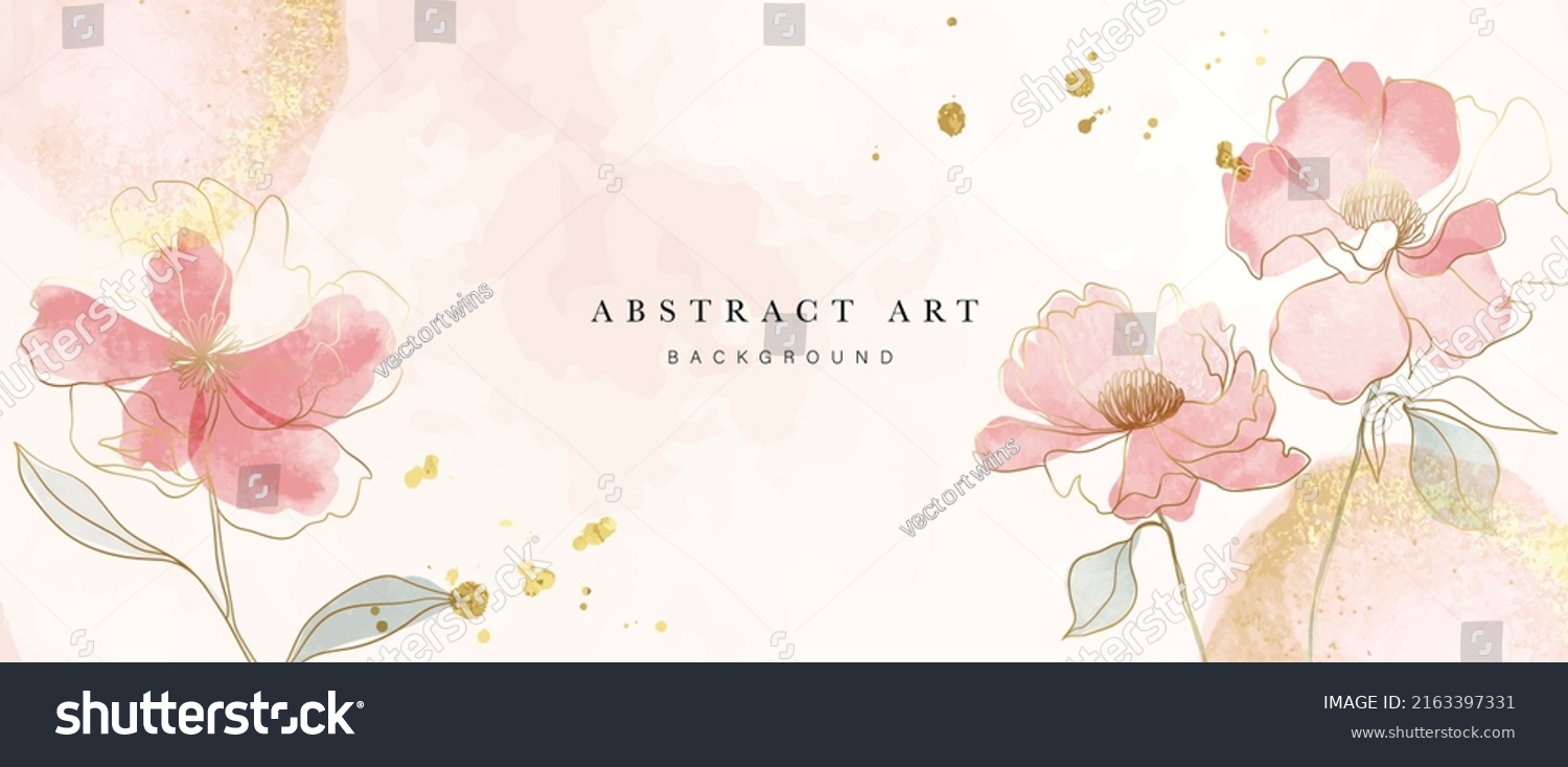 Spring floral in watercolor vector background. Luxury wallpaper design with pink flowers, line art, golden texture. Elegant gold blossom flowers illustration suitable for fabric, prints, cover. #2163397331