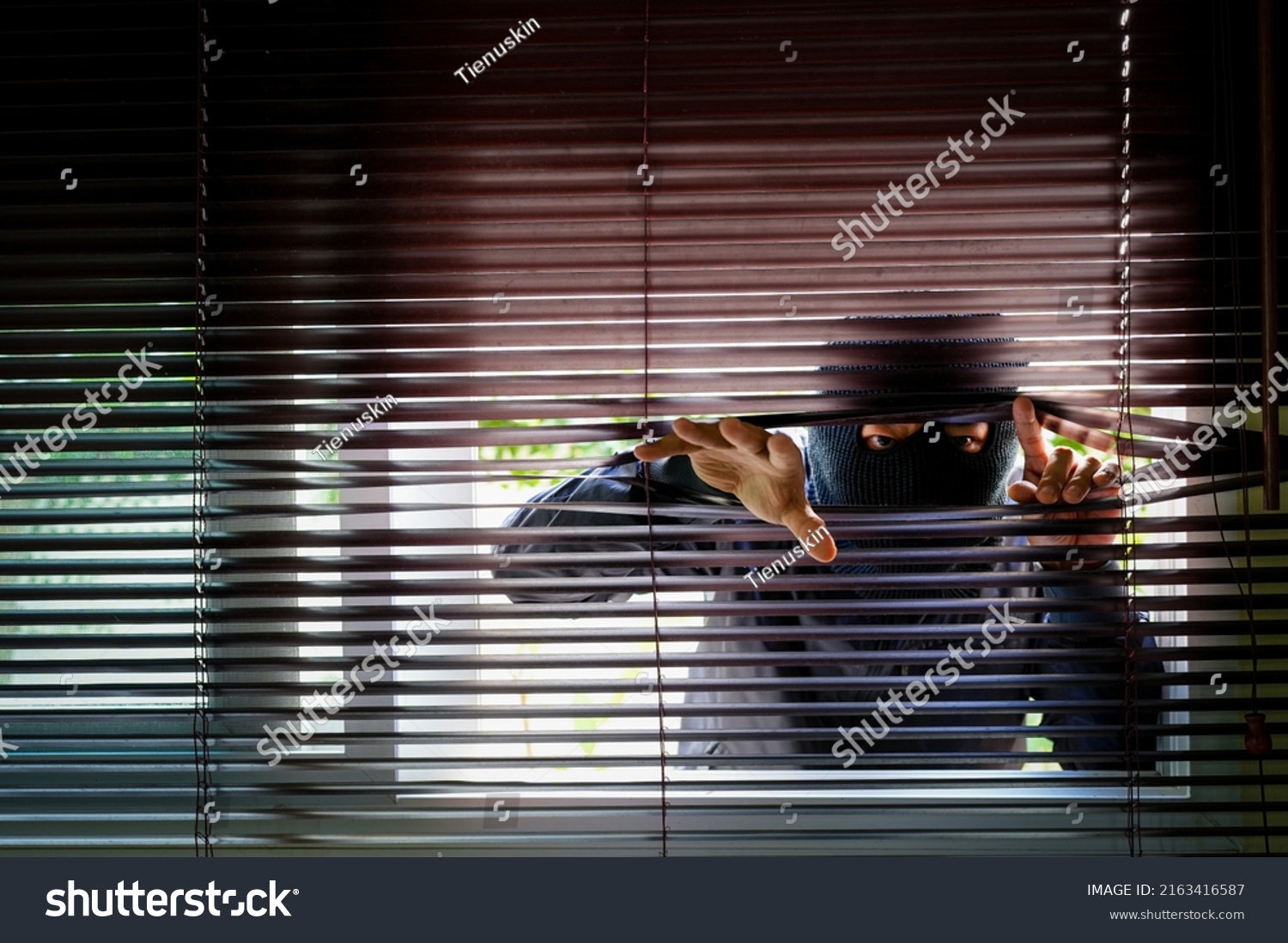 Man Wearing Balaclava Face Mask Looking Through Venetian Blinds. Burglaries jump during the holidays Concept. #2163416587