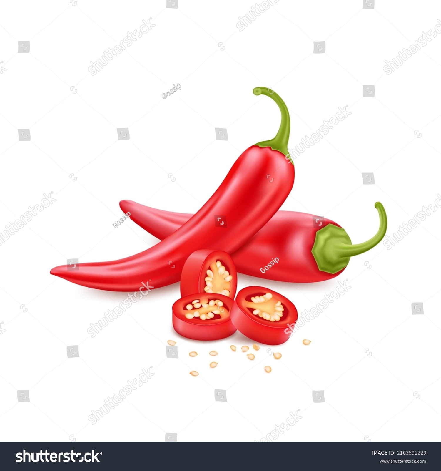 Red hot chili pepper slice with seeds, realistic vector for packaging, snacks, design. #2163591229