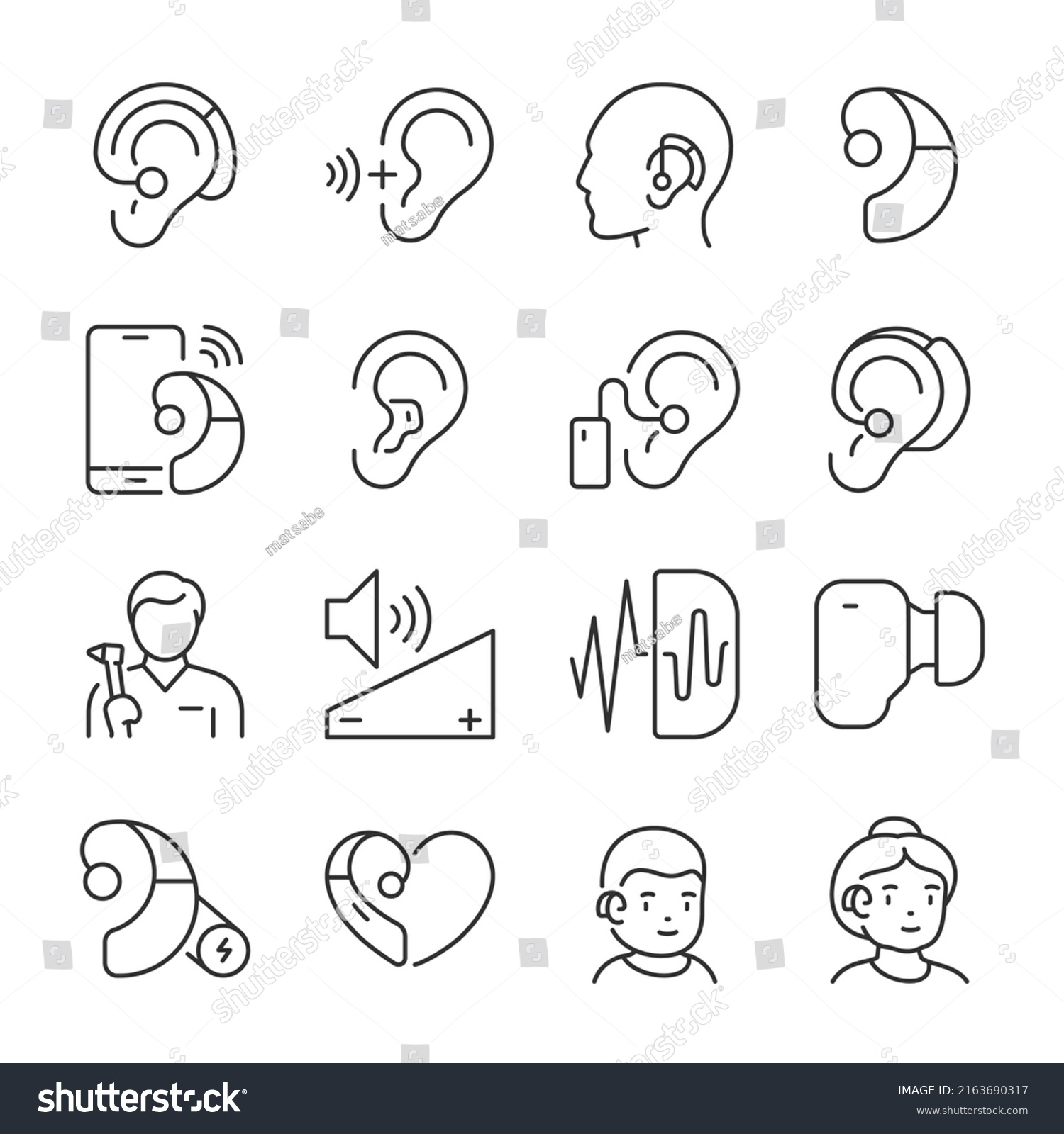 Hearing aid icons set. Volume booster for ears, for the deaf old and young. For better hearing, linear icon collection. Line with editable stroke #2163690317