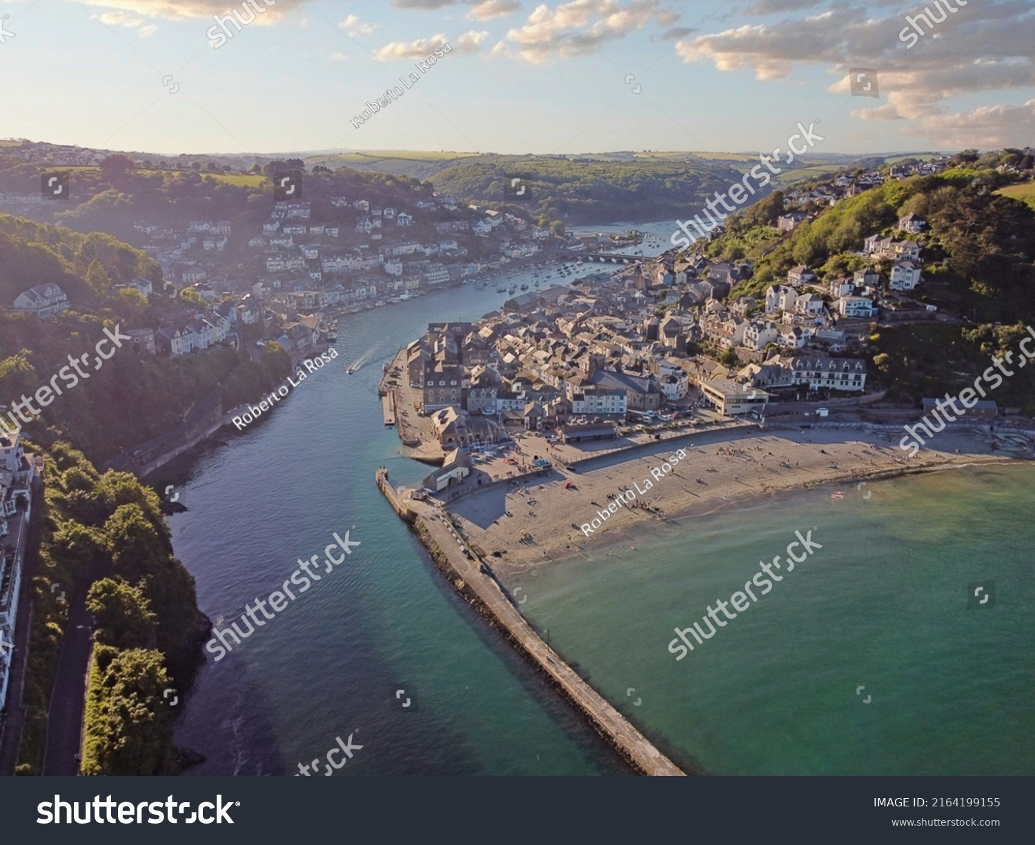 Aerial drone shot of Looe, picturesque seaside village in Cornwall, South west England, United Kingdom. #2164199155