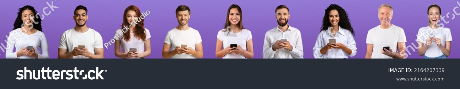 Smiling young and old european men and women in white clothes with smartphones isolated on purple background, studio. Good offer, ad, app and technology, facial expressions, communication due covid-19 #2164207339