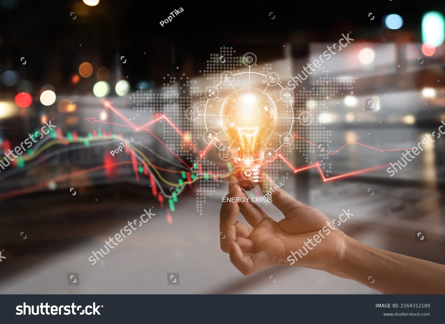 Energy crisis, Hand hold light bulb with energy resources icon and rising data chart representing electricity crisis, Economy   and alternative energy, Sustainability. Ecological friendly.  #2164312189