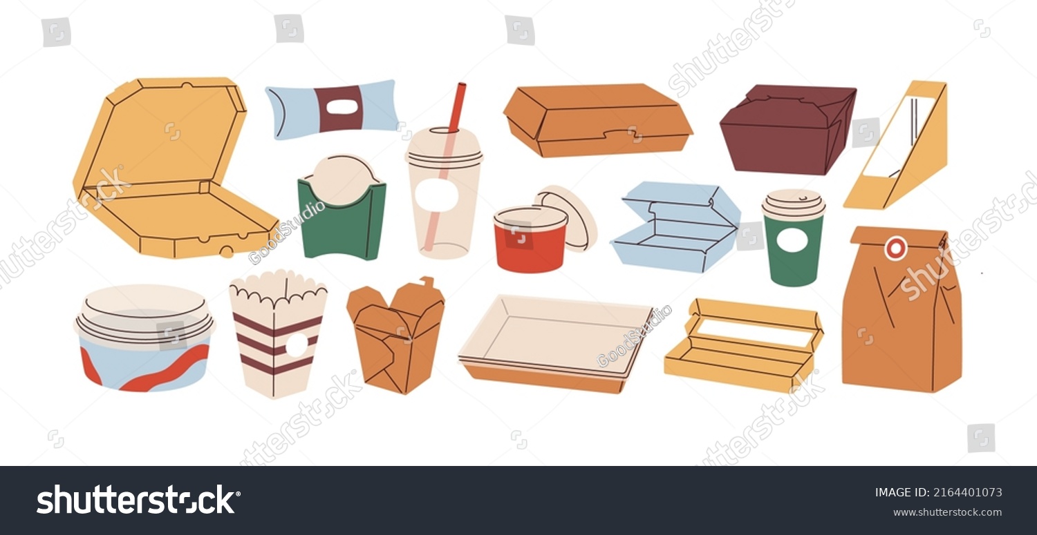 Cardboard boxes, bags for takeaway food. Paper, plastic delivery containers, cups. Empty take away packages. Carton disposable, recyclable packs. Flat vector illustrations isolated on white background #2164401073