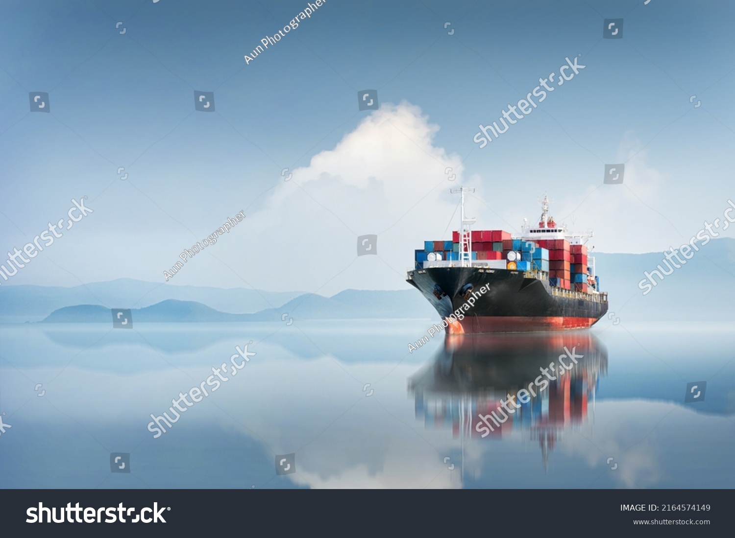 Container cargo ship in the ocean at sunset blue sky background with copy space, Global business logistics import export goods of freight carrier, transportation industry concept, Sea Freight Shipping #2164574149