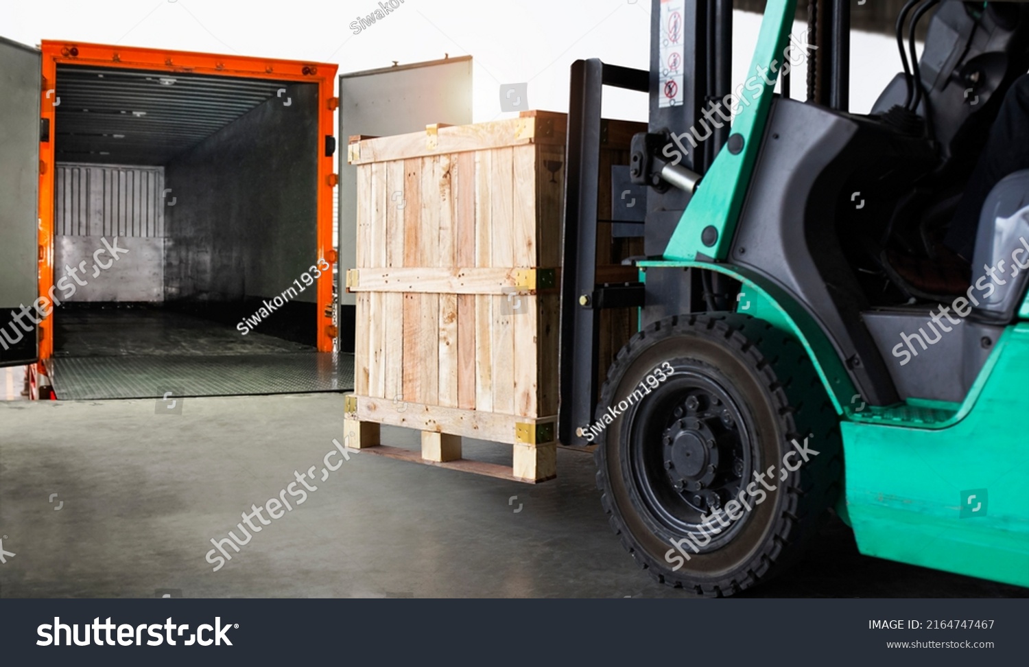 Forklift Tractor Loading Wooden Crate Boxes into Cargo Container. Shipping Trucks. Delivery Cargo Service. Supply Chain Goods Shipment. Warehouse Logistics Transport. #2164747467