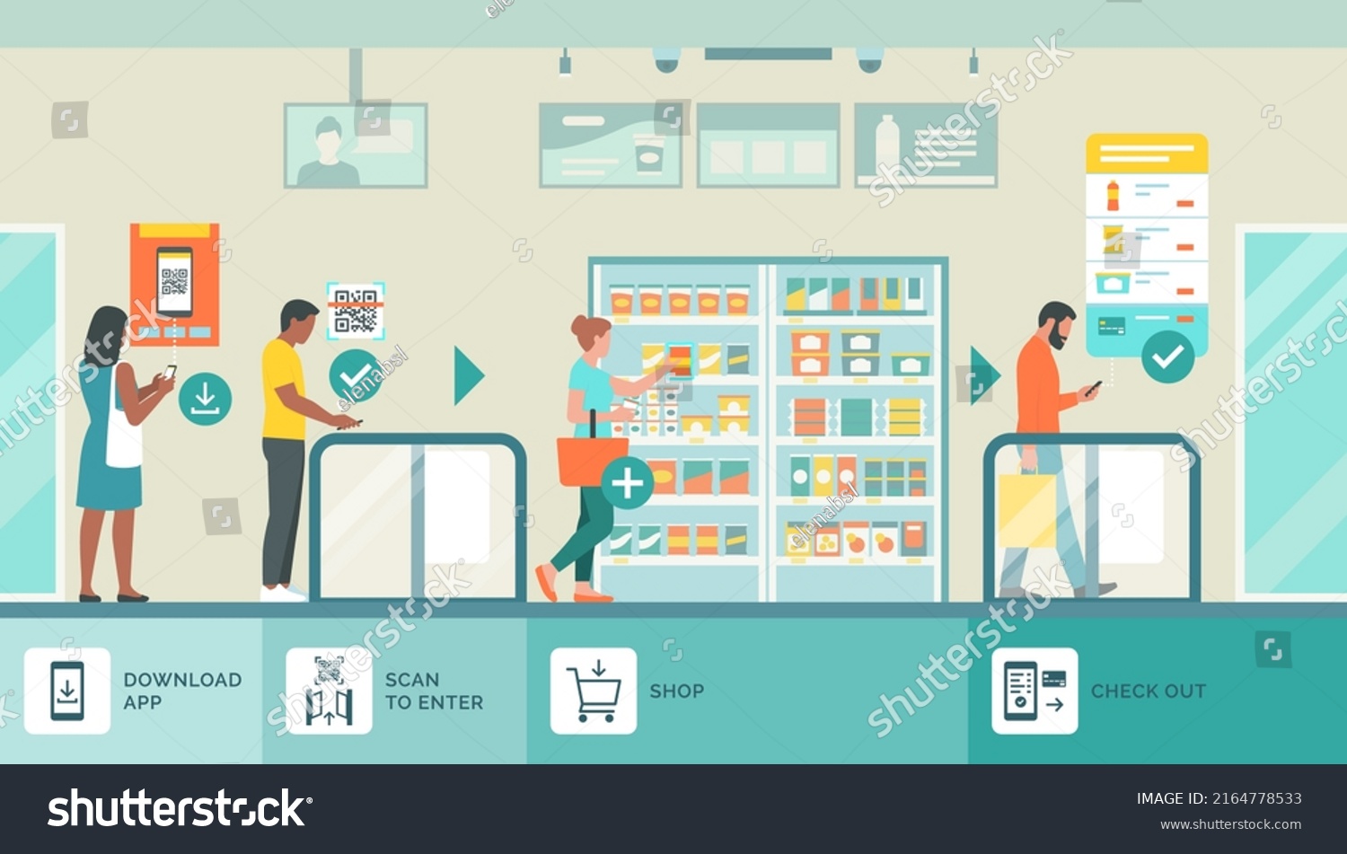 How to shop at the fully automated AI convenience store: people using the app to access the store and to purchase items checkout free #2164778533