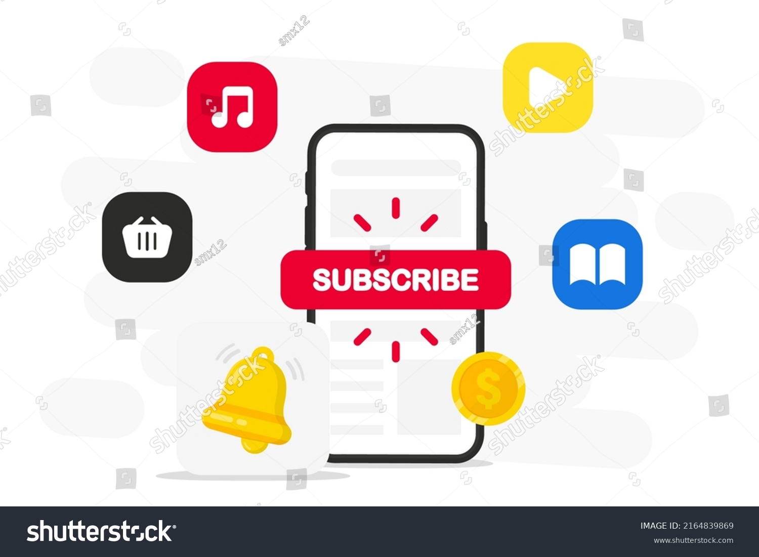 Subscribe button. Smartphone with subscribe web button for online service. Digital social marketing. Social media concept. Subscribe to video channel, blog newsletter, music, shop. Vector illustration #2164839869