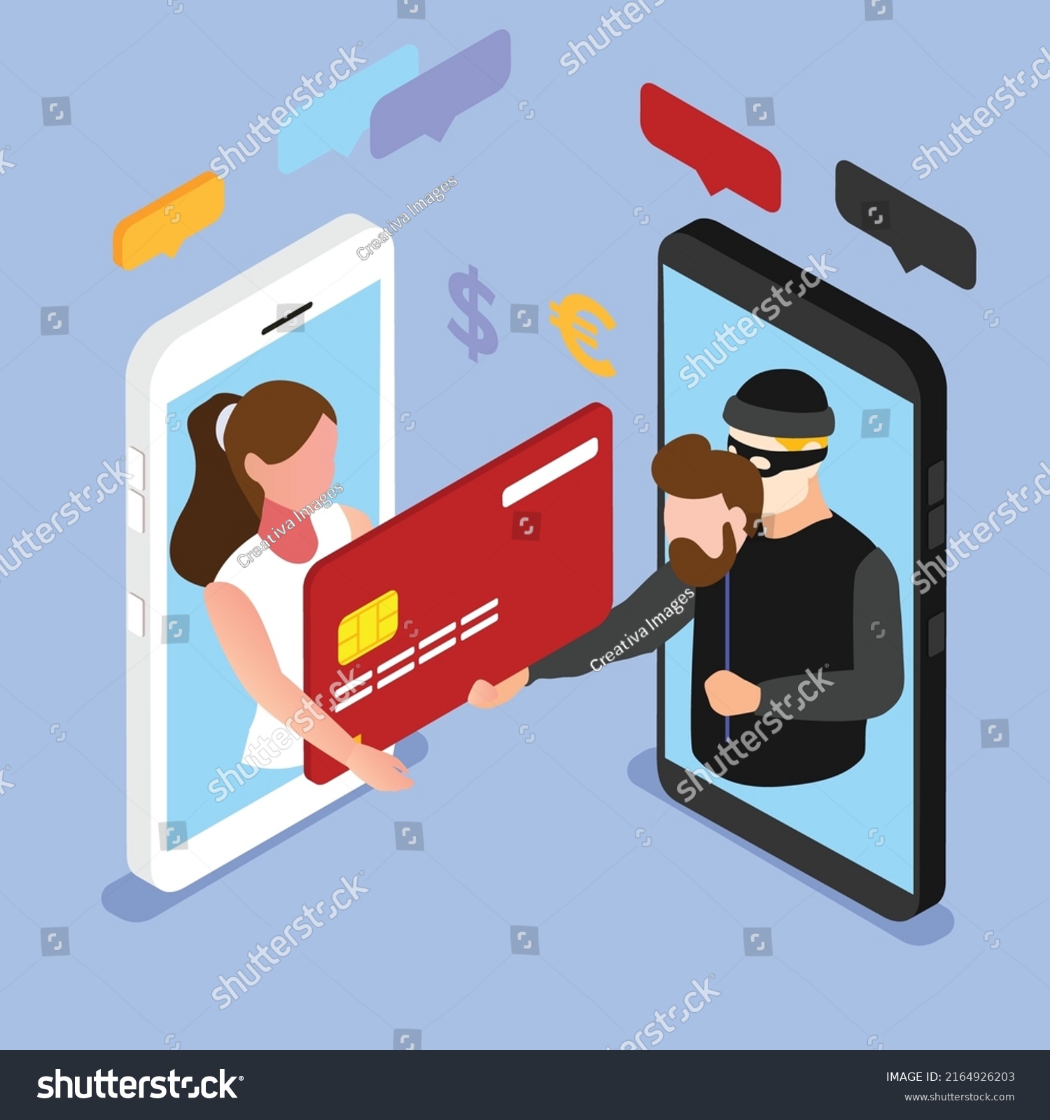Woman on the phone screen and the scammer stealing a credit card isometric 3d vector illustration concept for banner, website, illustration, landing page, flyer, etc. #2164926203