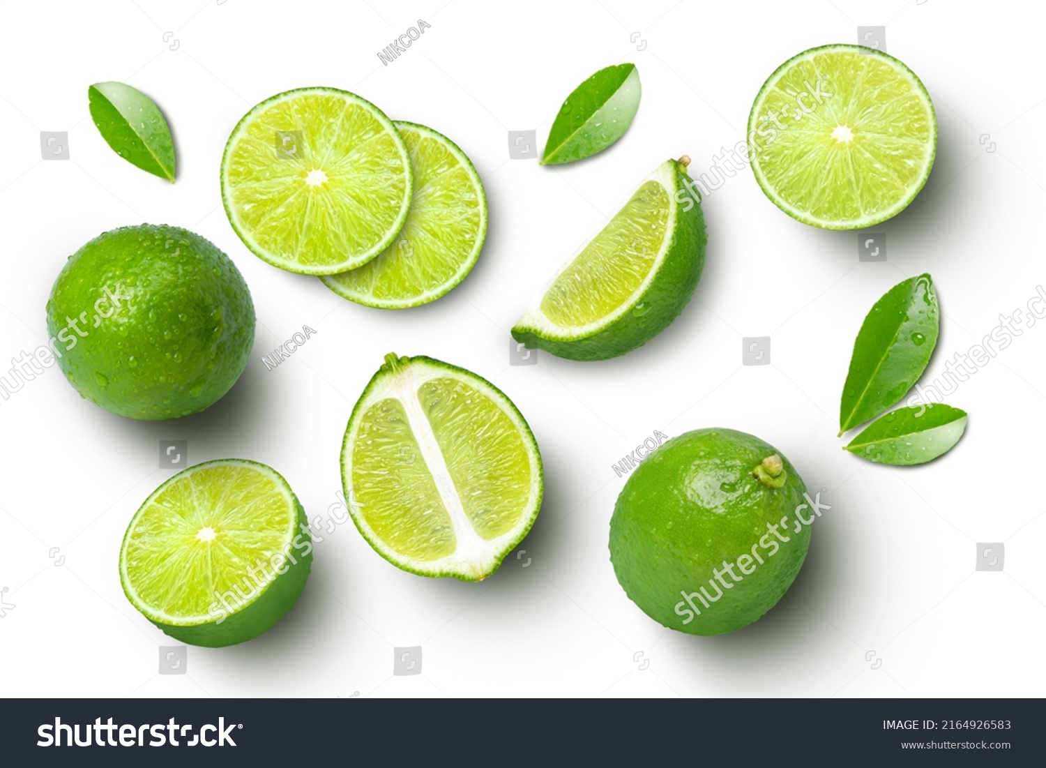 Lime fruits with slices and green leaves isolated on white background. Top view. Flat lay. #2164926583