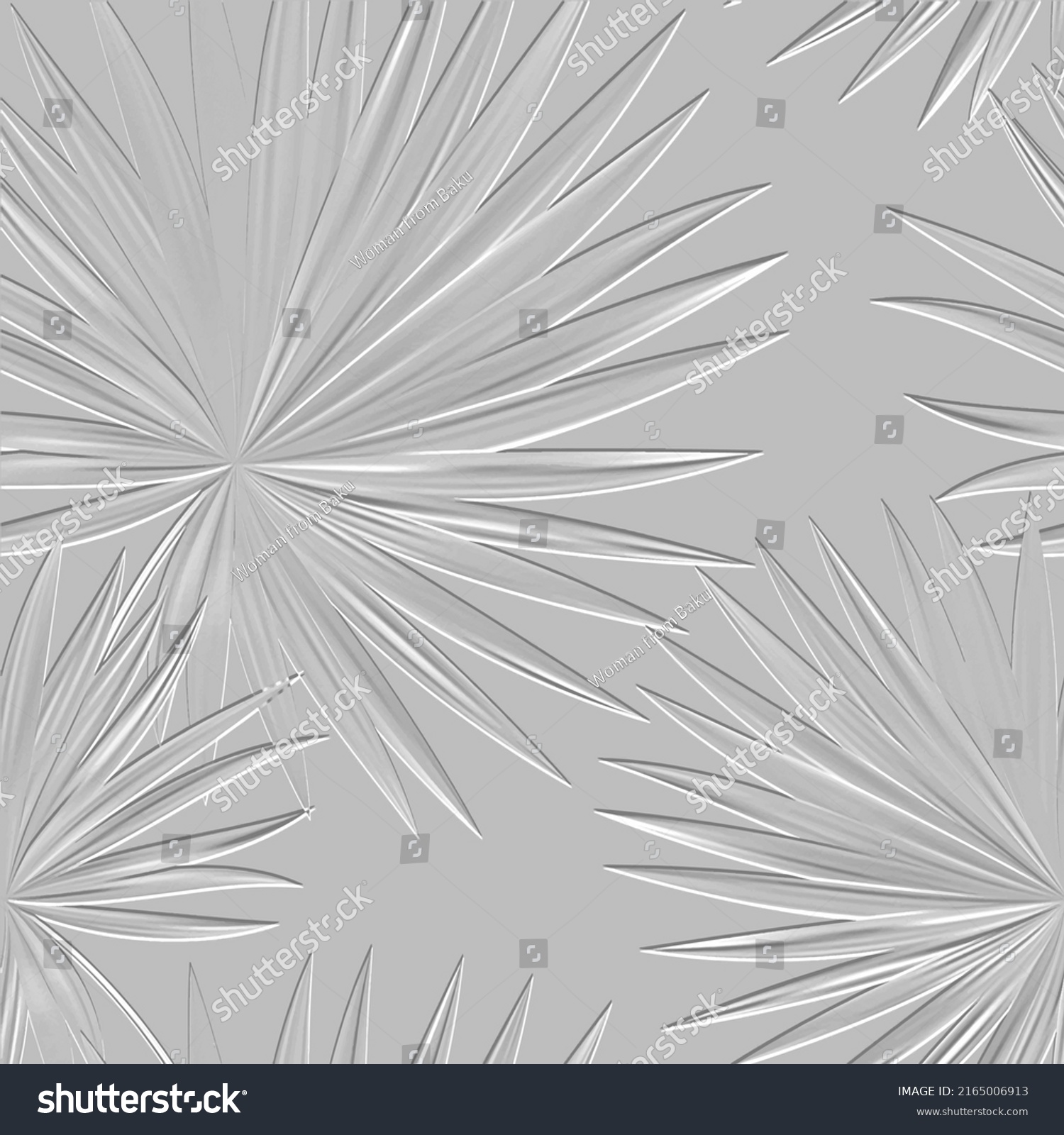 Textured floral line art tracery 3d seamless pattern. Tropical palm leaves relief white background. Repeat embossed backdrop. Surface leaves, branches. 3d endless leafy ornament with embossing effect. #2165006913