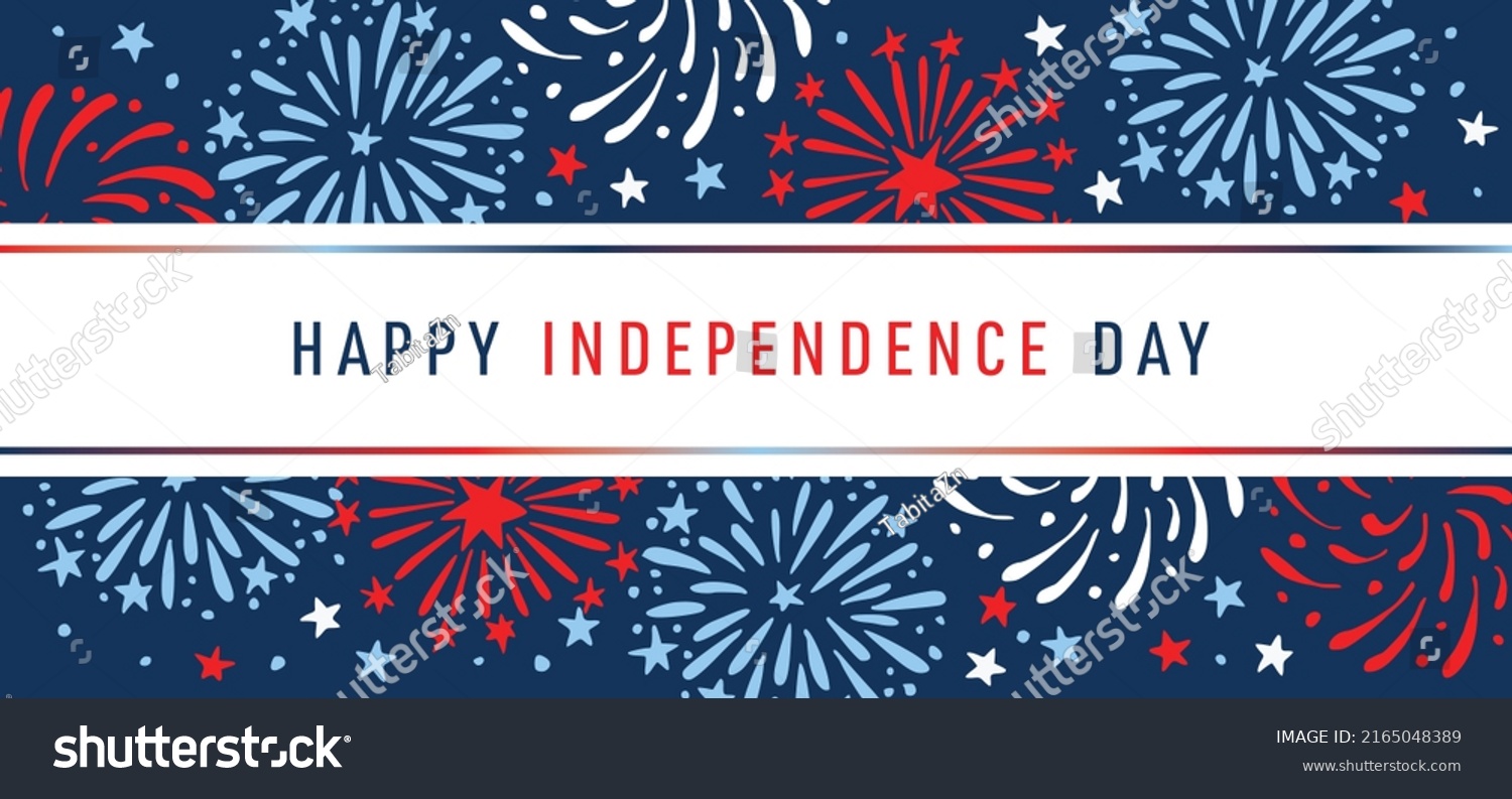 Happy Independence day, 4th July national holiday. Festive greeting card, invitation. Hand drawn fireworks in USA flag colors. Blue vector illustration background, web banner. Memorial, labor day. #2165048389