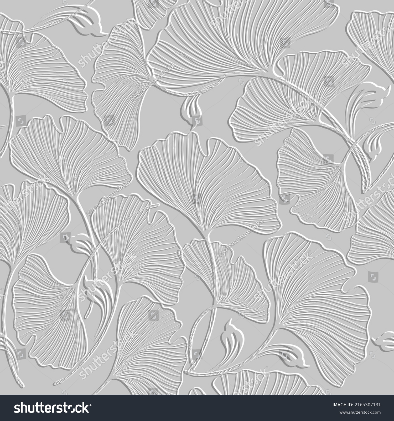 3d embossed lines floral seamless pattern. Textured beautiful flowers relief background. Repeat emboss white backdrop. Surface leaves, flowers. 3d line art flowers ornament with embossing effect. Art. #2165307131