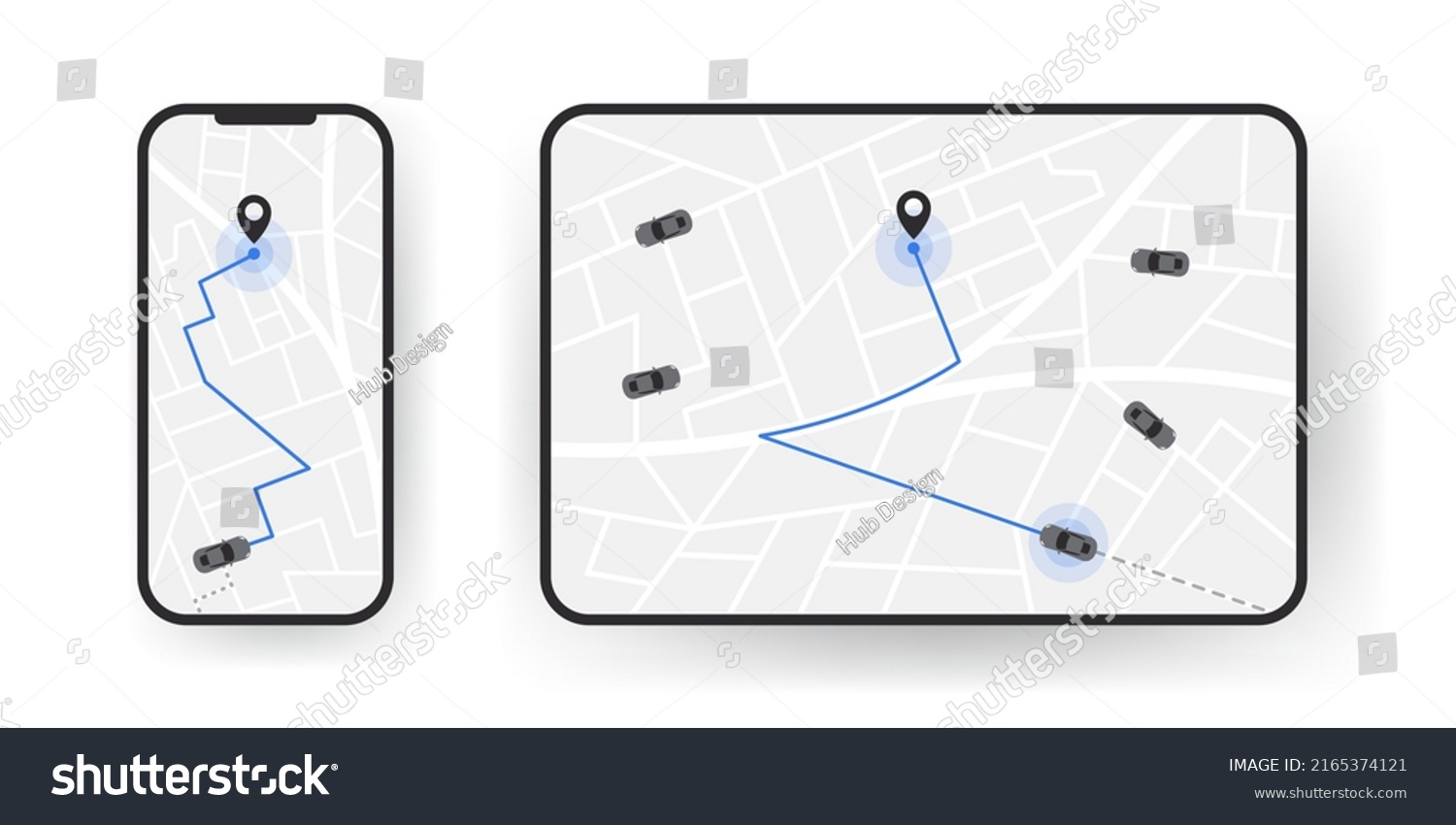 The route of the car on the device map. Traveling by car. Distance tracking. Vector illustration #2165374121