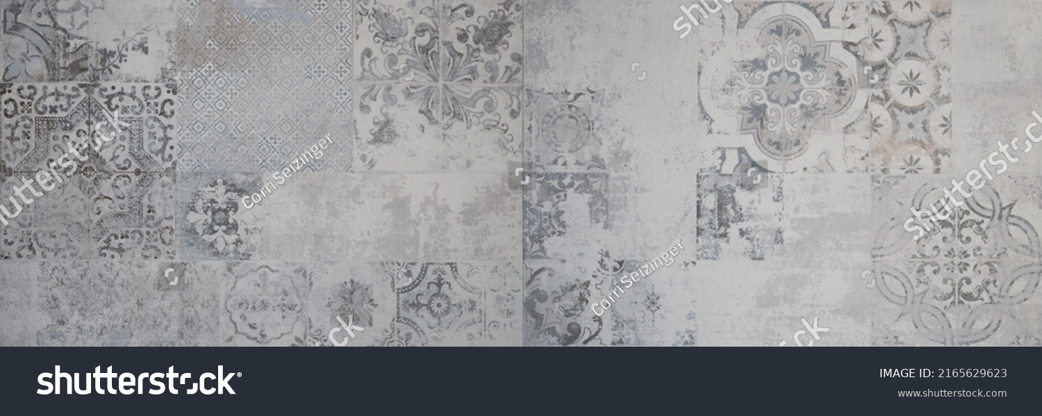 Old gray grey vintage worn geometric shabby mosaic ornate patchwork motif porcelain stoneware tiles stone concrete cement wall texture background banner panorama #2165629623
