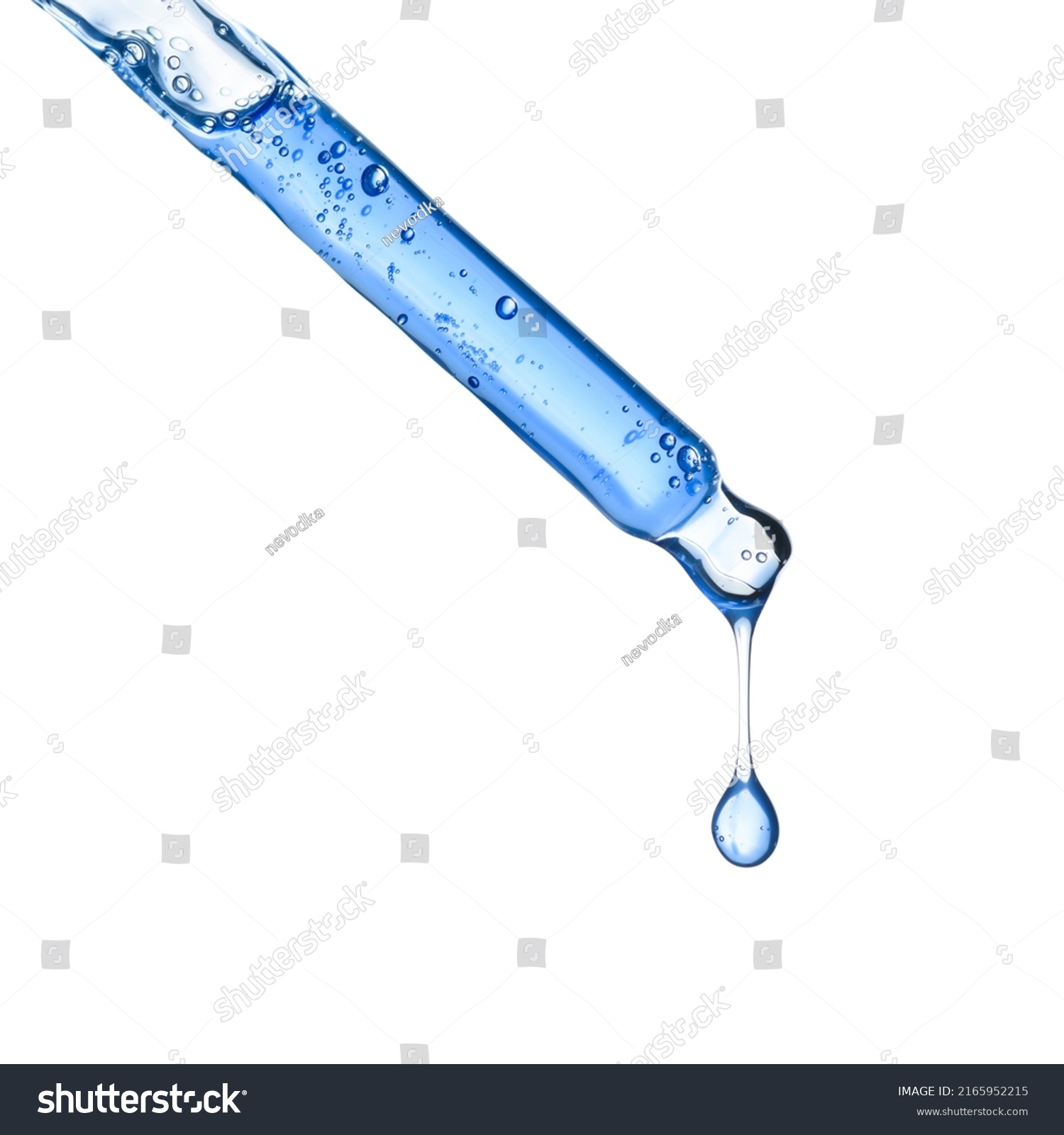 Glass cosmetic pipette dropper with blue skincare serum and hanging liquid drop, isolated on white background #2165952215