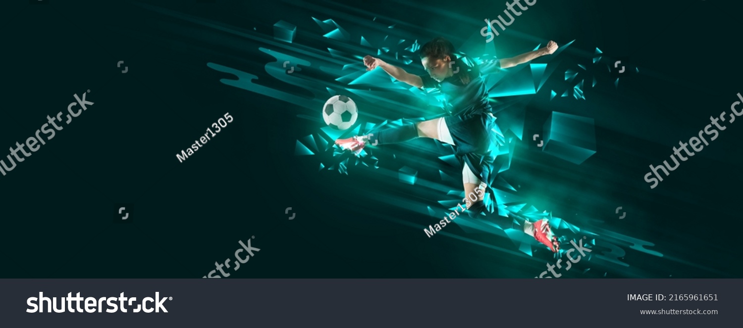 Leg kick. Flyer with female soccer, football player in motion and action with ball isolated on dark background with green fluid neon elements. Concept of art, creativity, sport, energy and power #2165961651