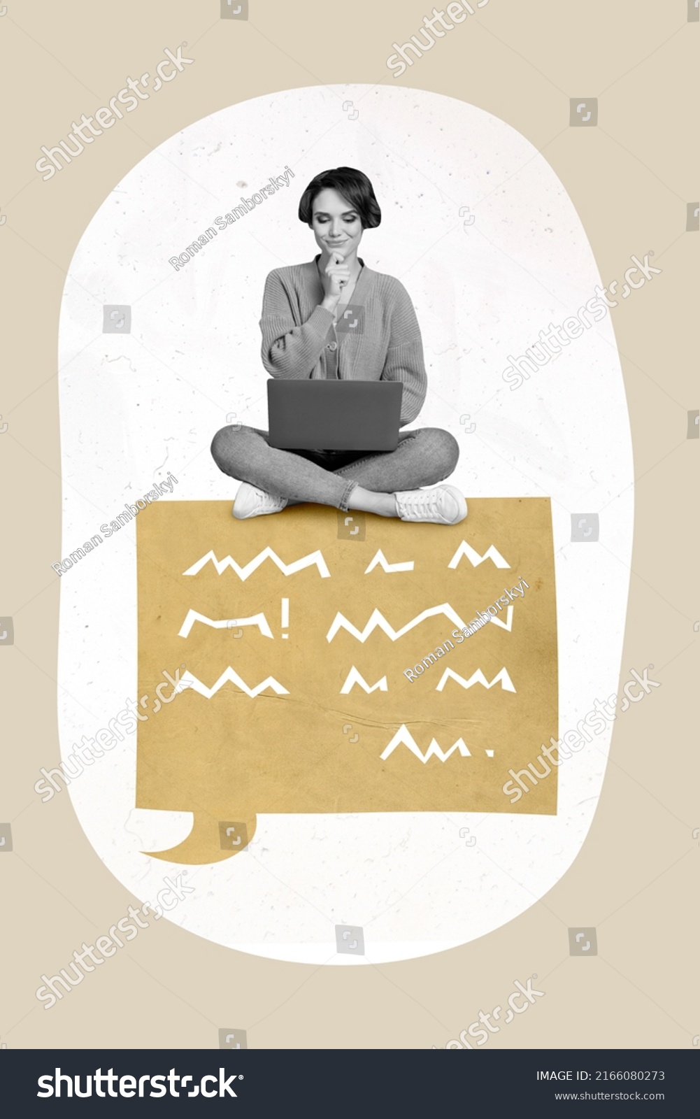 Vertical composite picture of black white gamma woman sitting drawing dialogue hand touch chin use netbook #2166080273