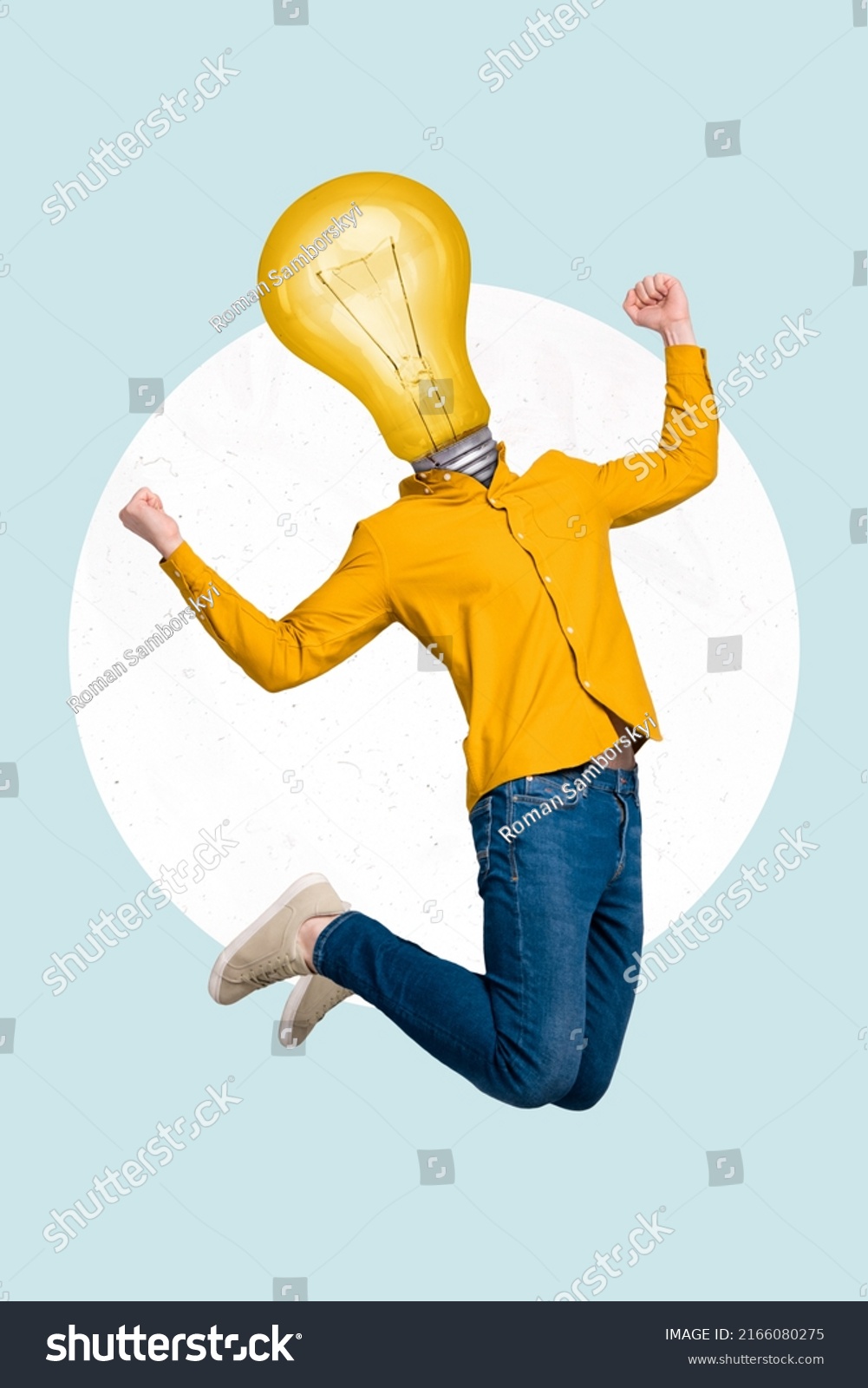 Vertical full length body size view of attractive lucky guy jumping having bulb instead if head idea isolated on blue color background #2166080275