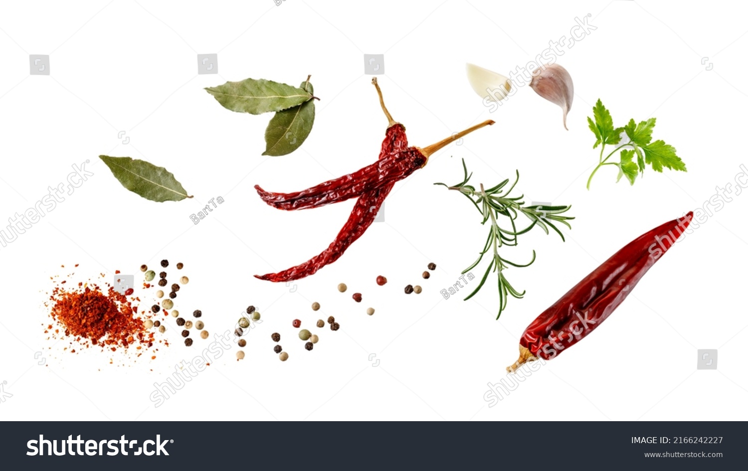 Aroma spice card: dried red hot chilli peppers, cloves garlic, mix peppercorn, bay leaves, rosemary and parsley fresh herb. Aromatic spicy ingredients for cuisine isolated on white background #2166242227
