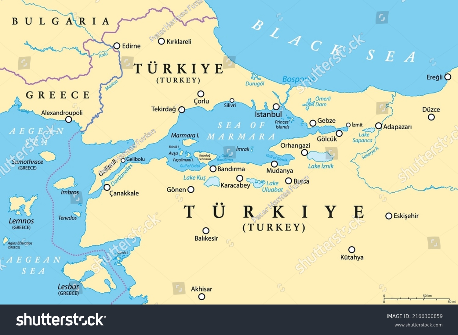 Bosporus and Dardanelles, political map. The Turkish Straits, internationally significant and narrow waterways in Turkey. Passages, connecting the Aegean Sea and the Sea of Marmara with the Black Sea. #2166300859