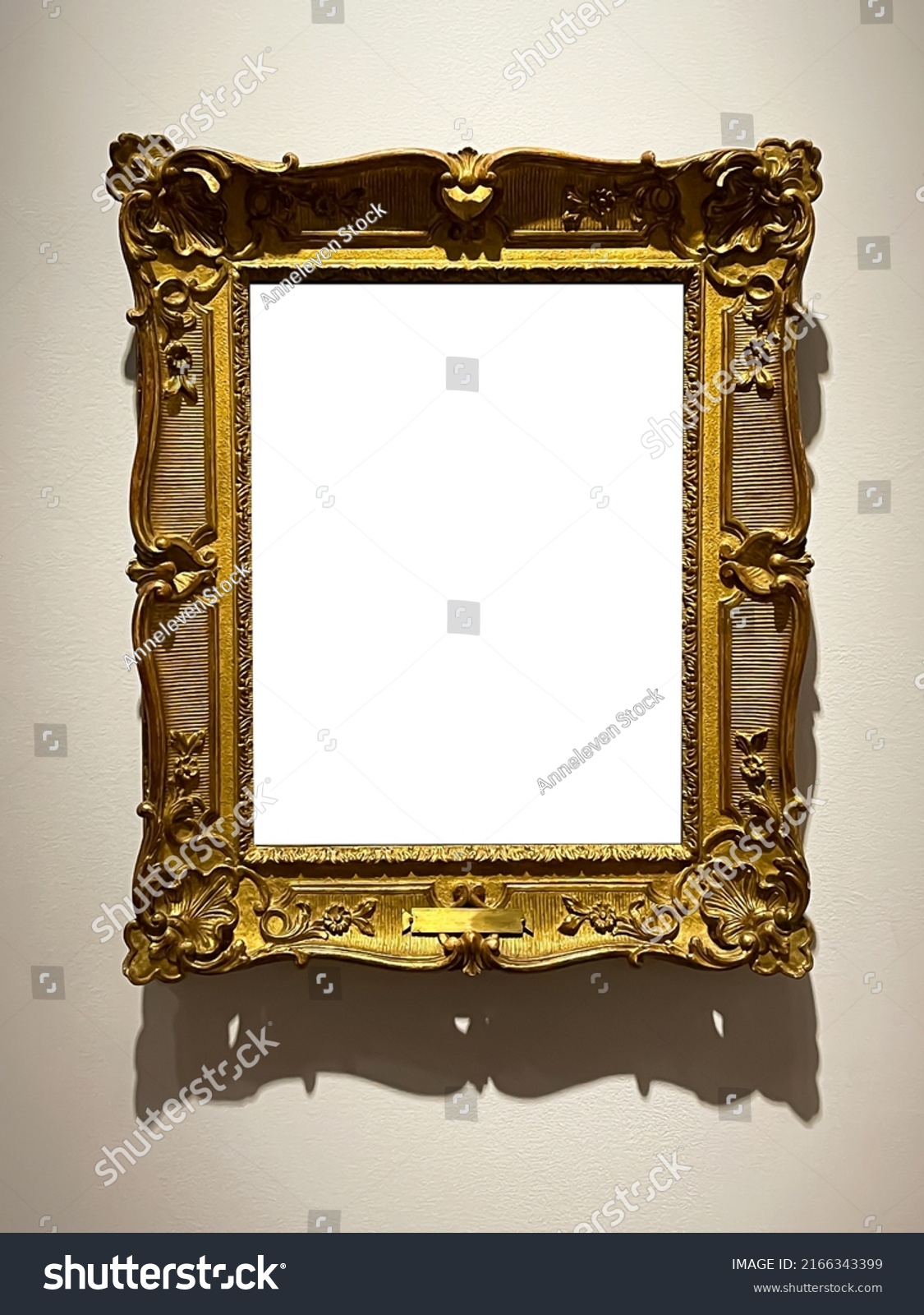 Antique golden art fair gallery frame on the wall at auction house or museum exhibition, blank template with empty white copyspace for mockup design, artwork concept #2166343399