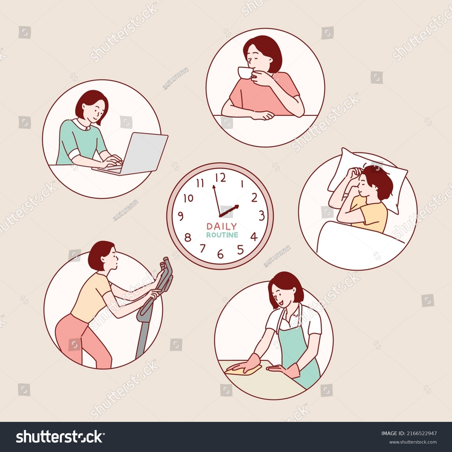 Female routine. Lifestyle activities temporal distribution, young woman daily schedule, life scenes around big clock face. Hand drawn style vector design illustrations. #2166522947