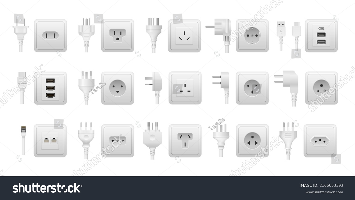 Realistic socket and plug. AC power connector, American and European types of electric equipment. Vector multiple standards socket and plug isolated set. Different adapters for electrical appliances #2166653393