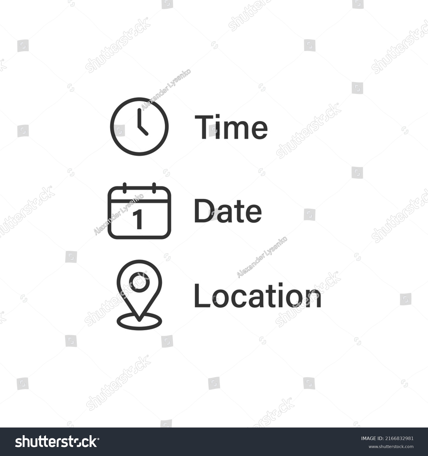 Date, time, location icon in flat style. Event message vector illustration on isolated background. Information sign business concept. #2166832981