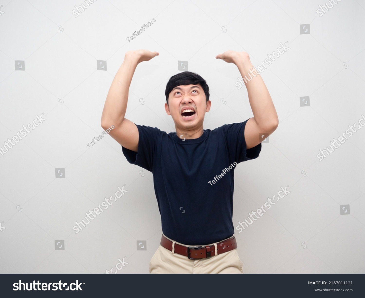 Young man gesture carry on head feel heavy isolated #2167011121