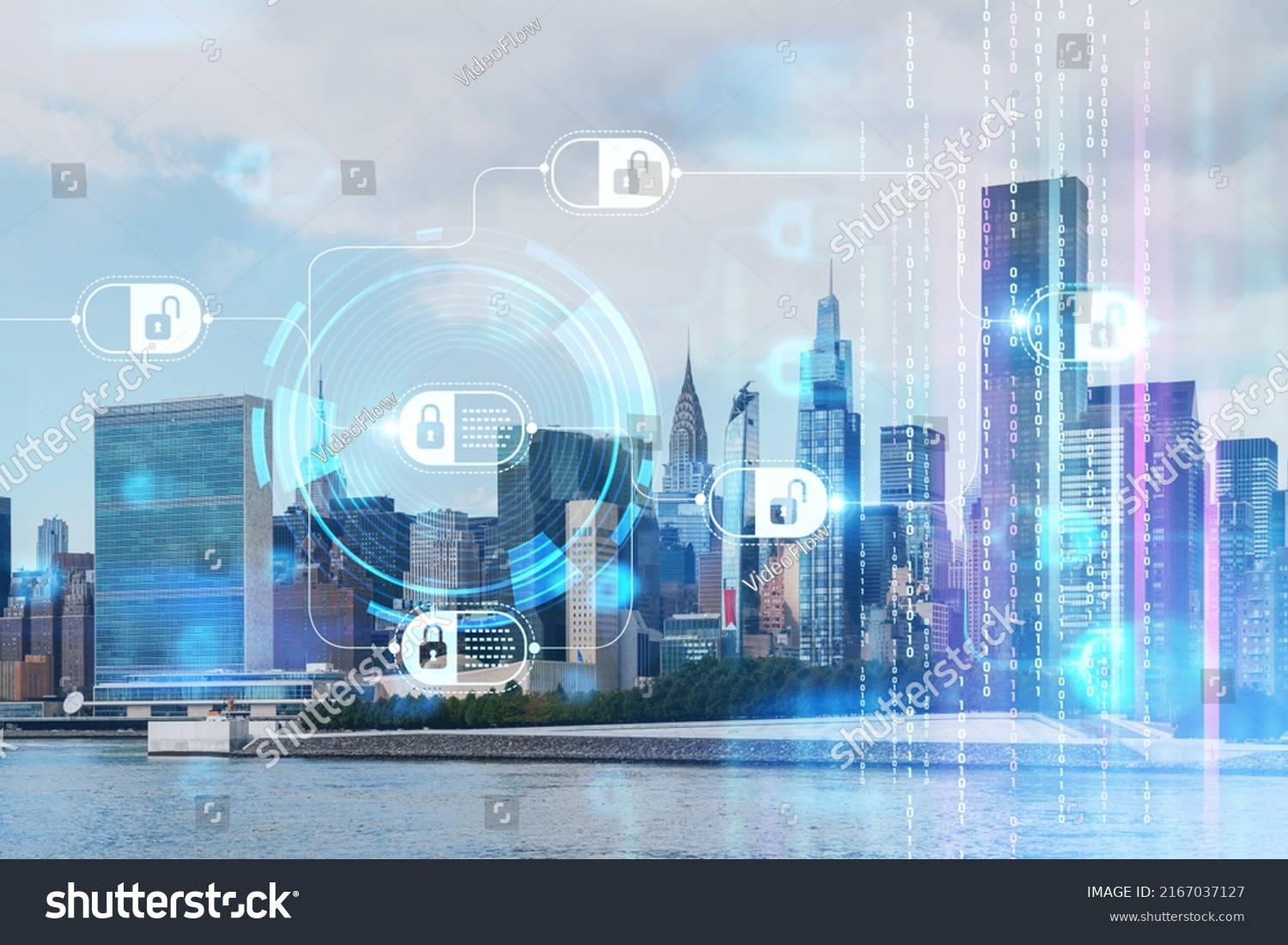 New York City skyline, United Nation headquarters over the East River, Manhattan, Midtown at day time, NYC, USA. Decentralized economy. Blockchain, cryptography and cryptocurrency concept, hologram #2167037127