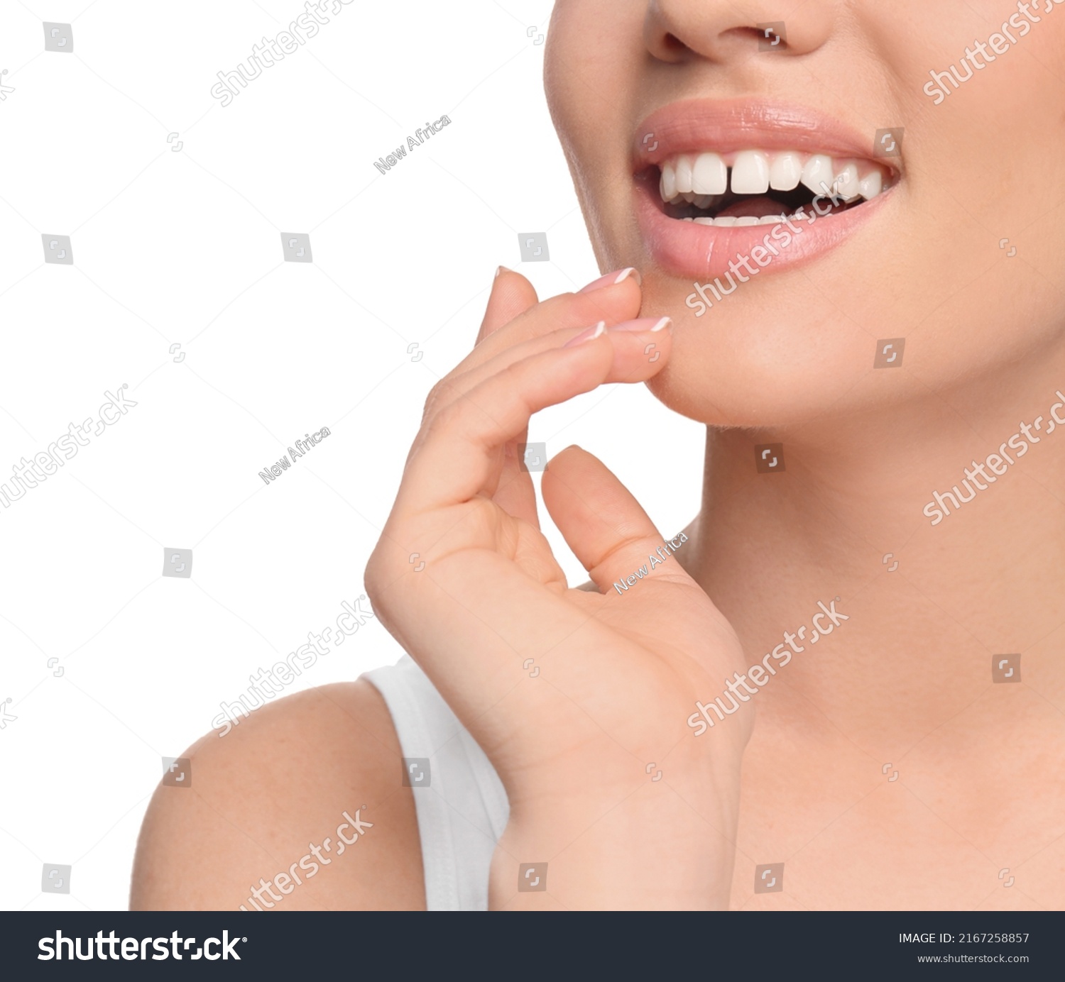 Woman with diastema between upper front teeth on white background, closeup #2167258857