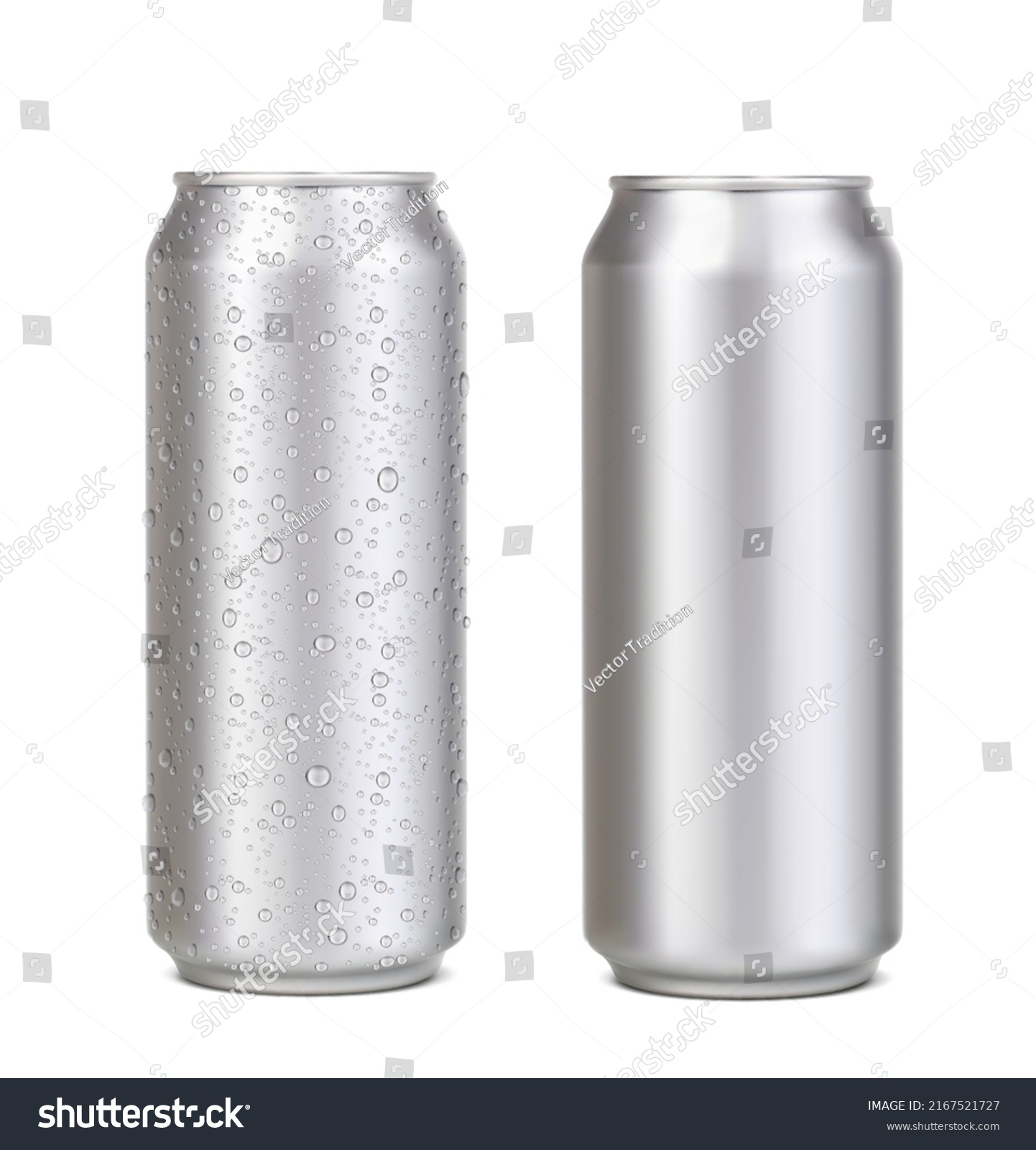 Long aluminium can with water drops, silver beer, soda or lemonade juice, coffee or energy drink mockup. Realistic vector aluminum cans with fresh cold water drops condensation for drink packaging #2167521727