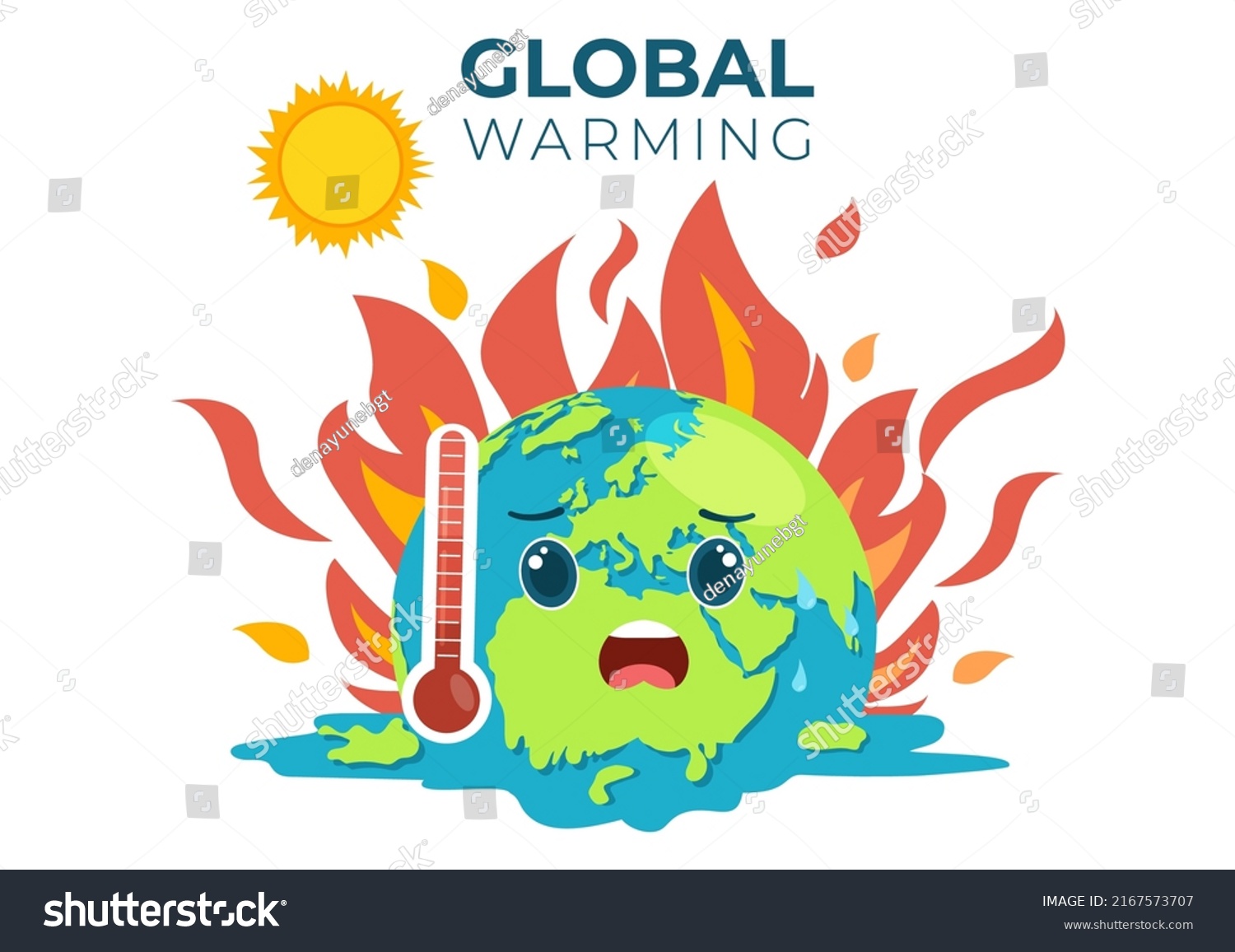 Global Warming Cartoon Style Illustration with Planet Earth in a Melting or Burning State and Image Sun to Prevent Damage to Nature and Climate Change #2167573707