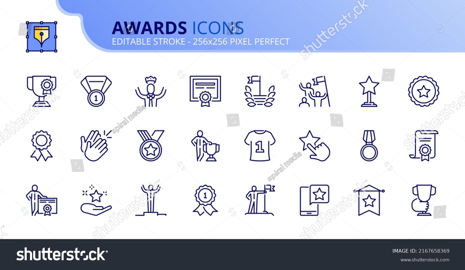 Line icons about awards and acknowledgements. Contains such icons as medal, trophy, the best, achievement, excellence and certificate. Editable stroke Vector 256x256 pixel perfect #2167658369