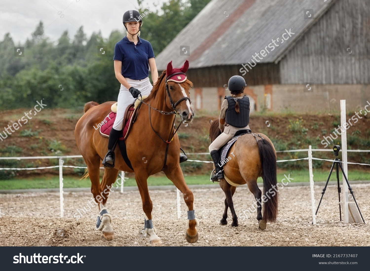 Equestrian sport -young girl rides on horse and little girl rides on pony in during training. #2167737407