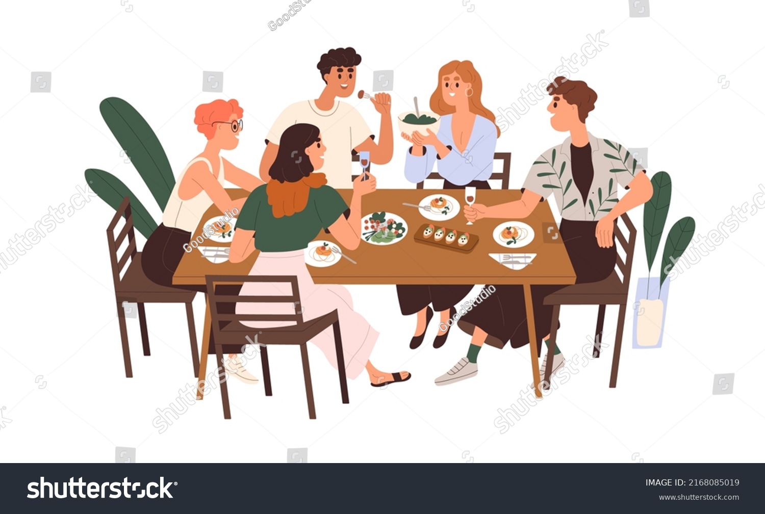 Friends gathering at dining table with wine and food. Happy young people eating, celebrating holiday, talking, relaxing together on weekend. Flat vector illustration isolated on white background #2168085019