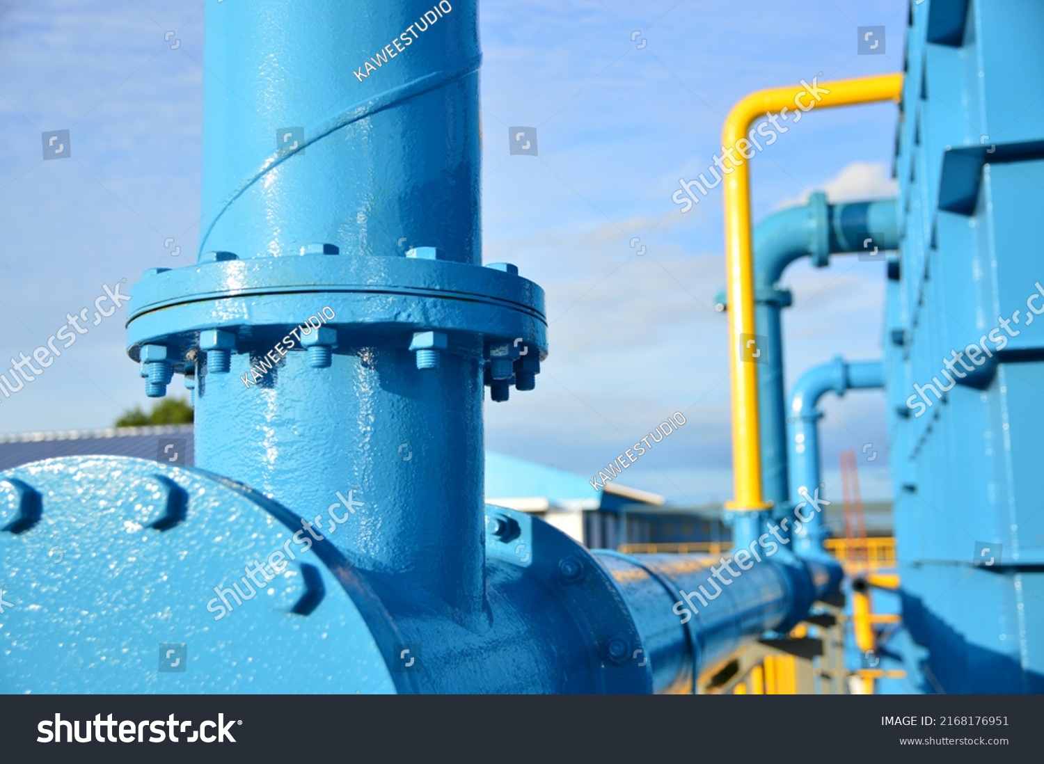 Water steel pipe close up image. Select focus of drink water piping. Flange Pipe Fitting with copy space. #2168176951