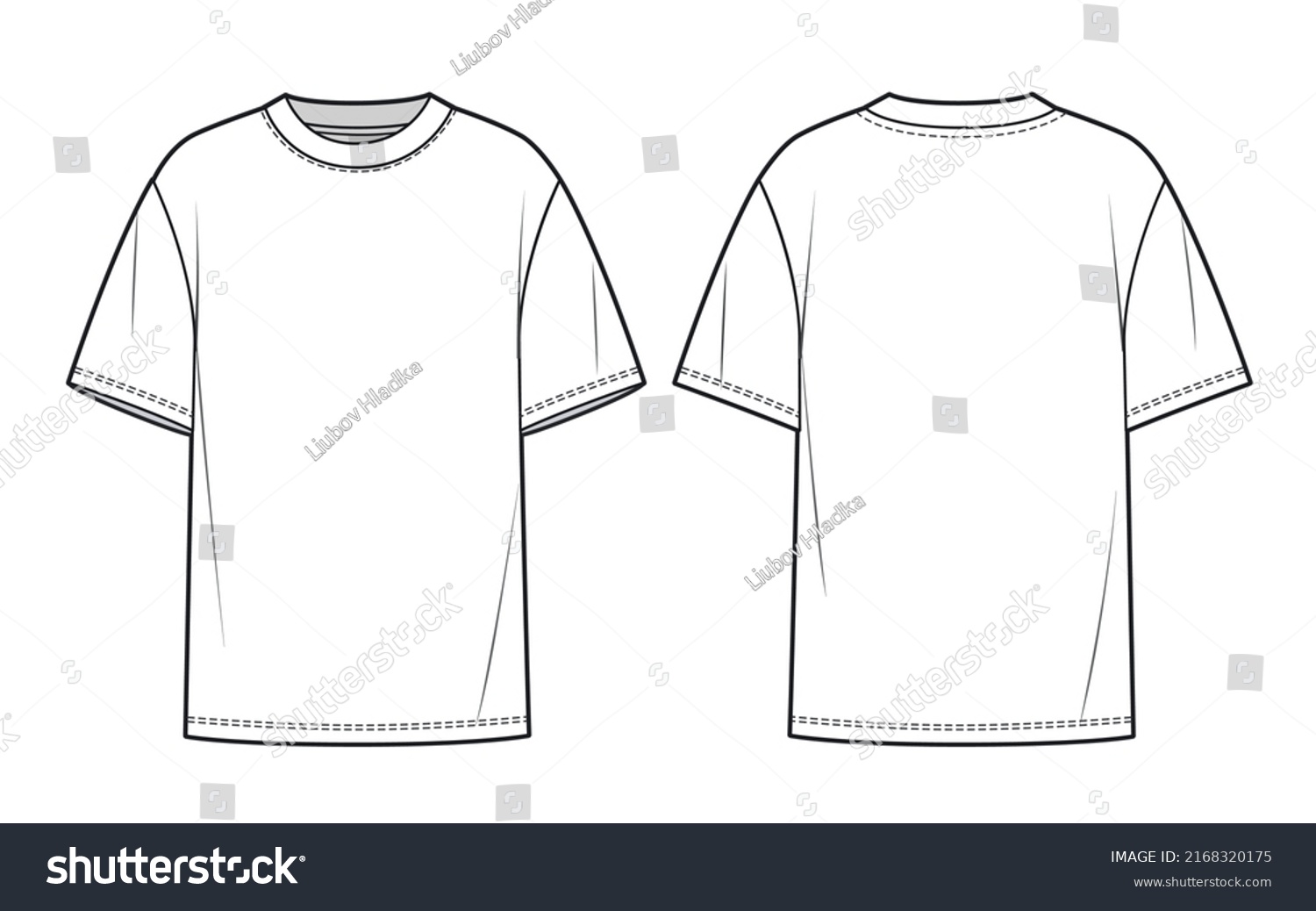 Overfit Tee shirt fashion flat tehnical drawing template. Unisex T-Shirt fashion CAD, front, back view, white color. #2168320175