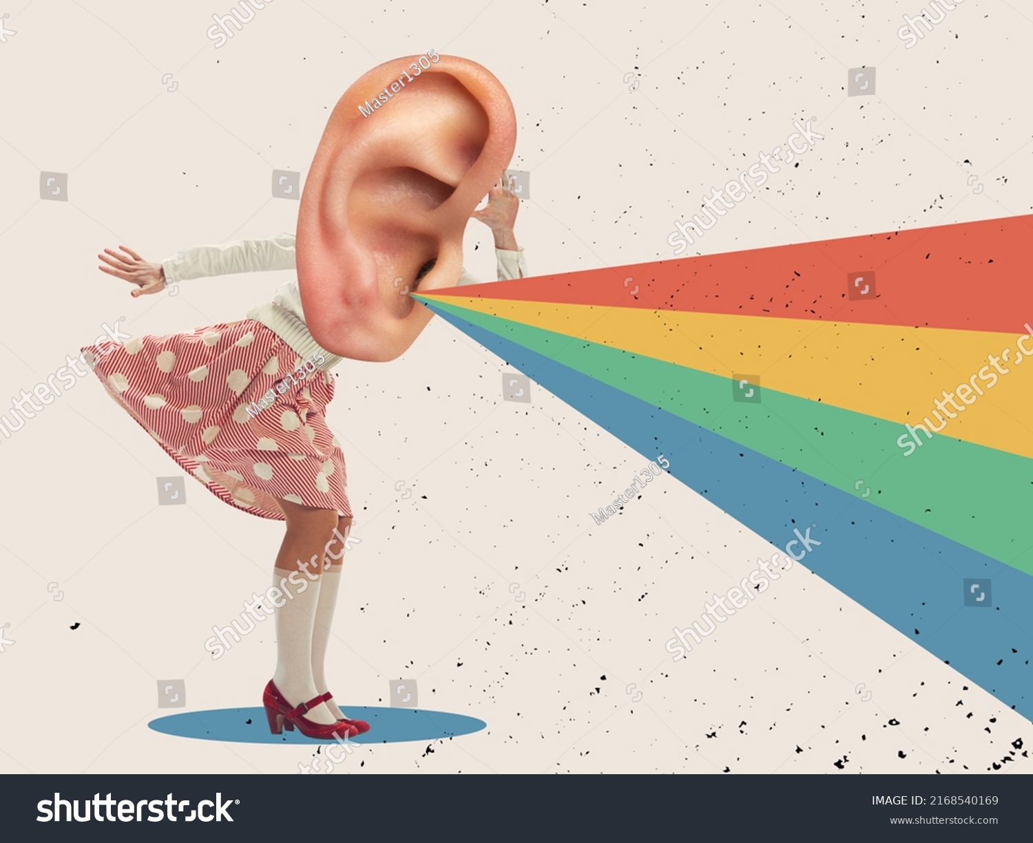Rumors, gossip, fakes and secrets. Woman's body in retro style outfit headed with huge ear. Contemporary art collage, design. Inspiration, ideas. Surrealism, cubism, art and creativity concept #2168540169