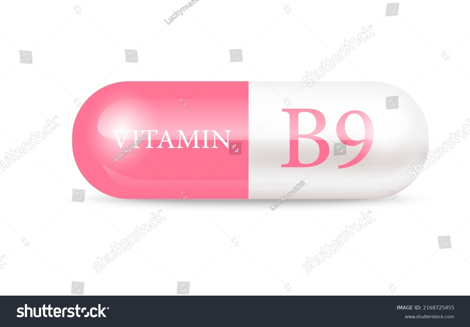 Capsule vitamin B9 structure pink and white. Beauty concept. Personal care. 3D Vector Illustration. transparent capsule pill. Drug business concept. Vitamin complex with chemical formula. #2168725455